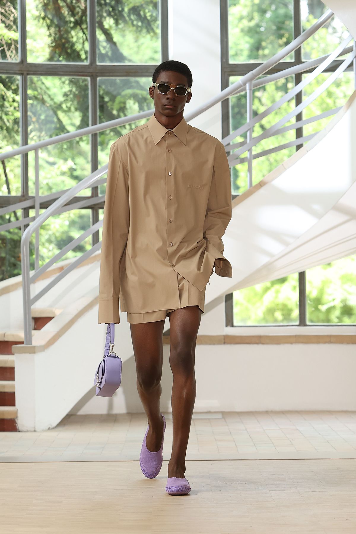 beige cotton long-sleeve collared oversized short shirt