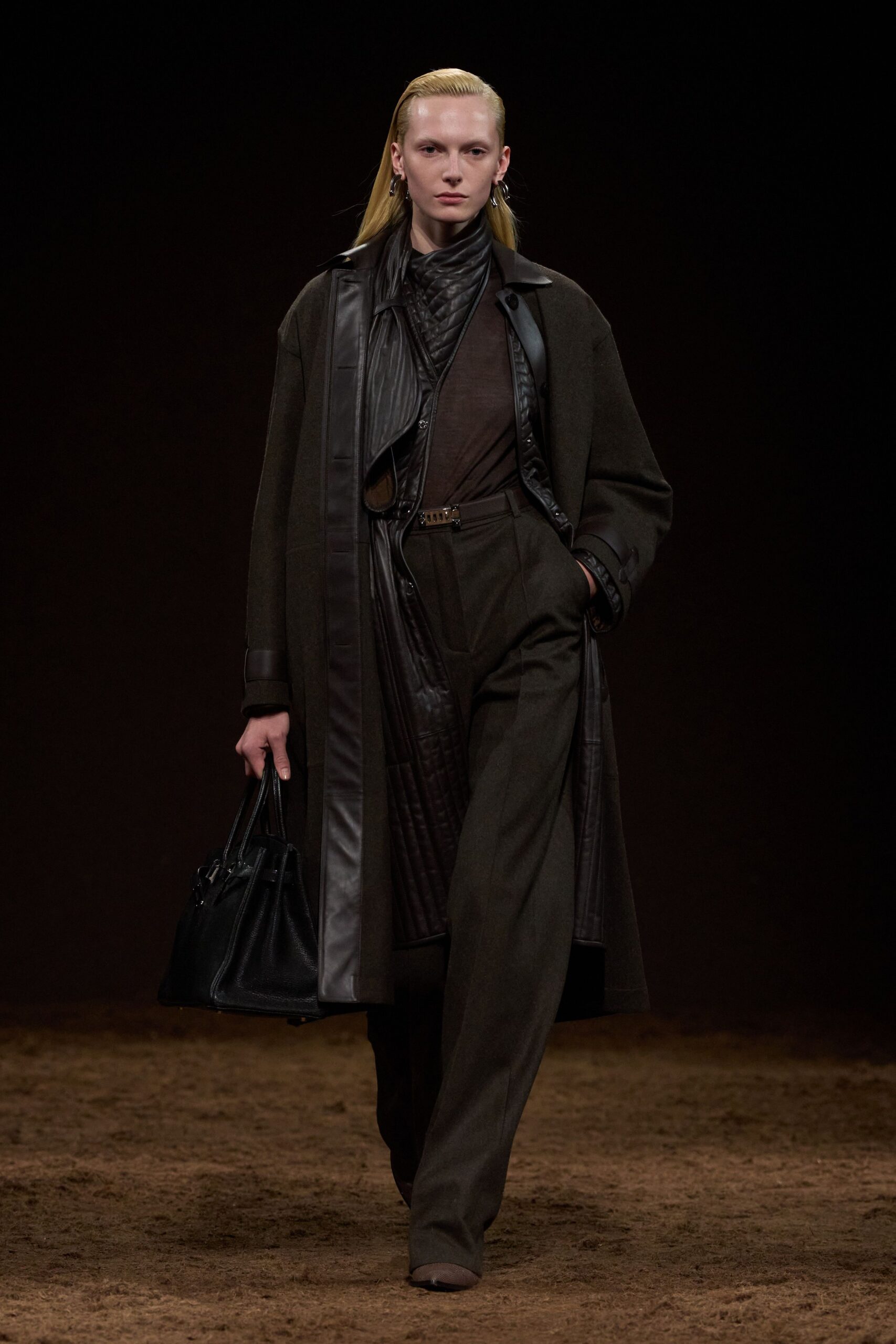 black wool coat with tailored pants