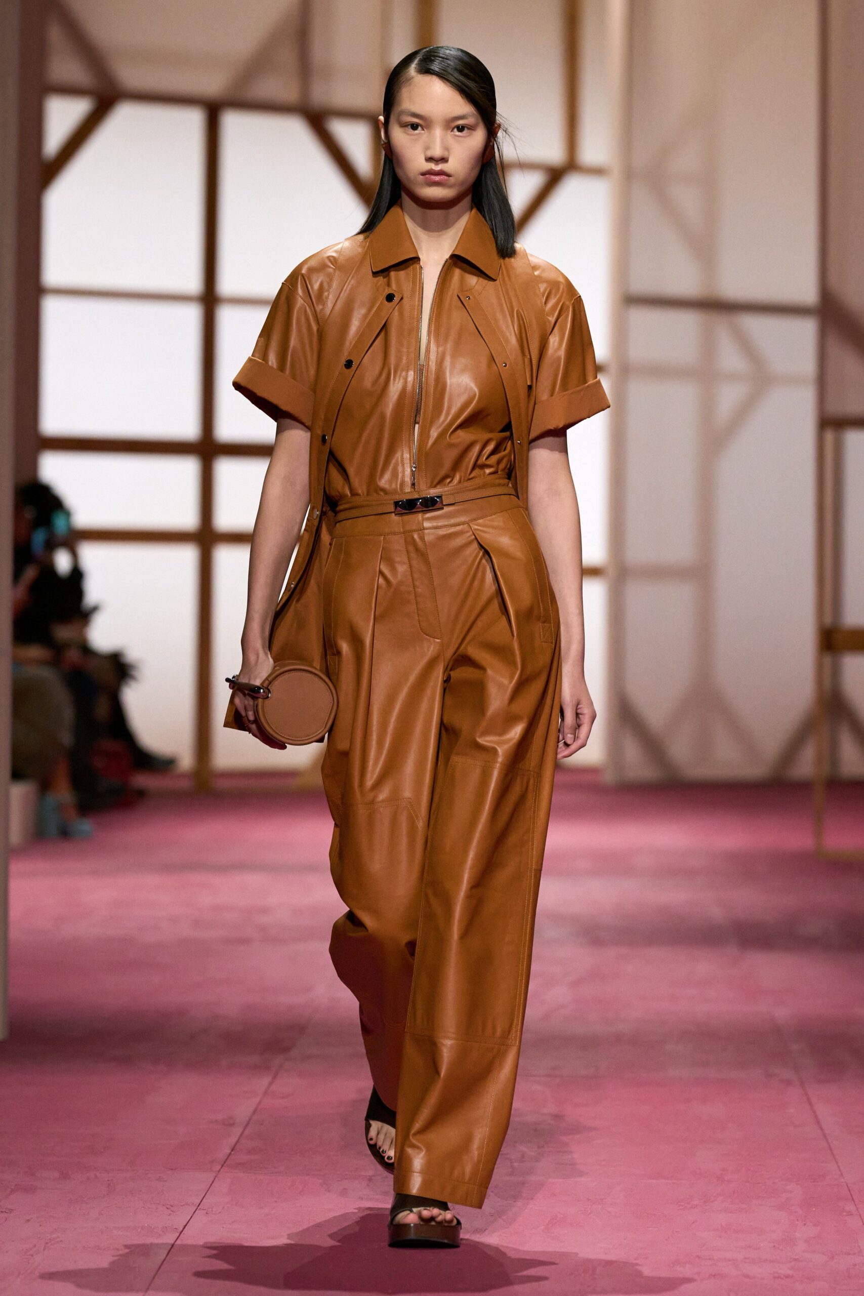 brown leather short-sleeve collared fitted pleated belted jumpsuit