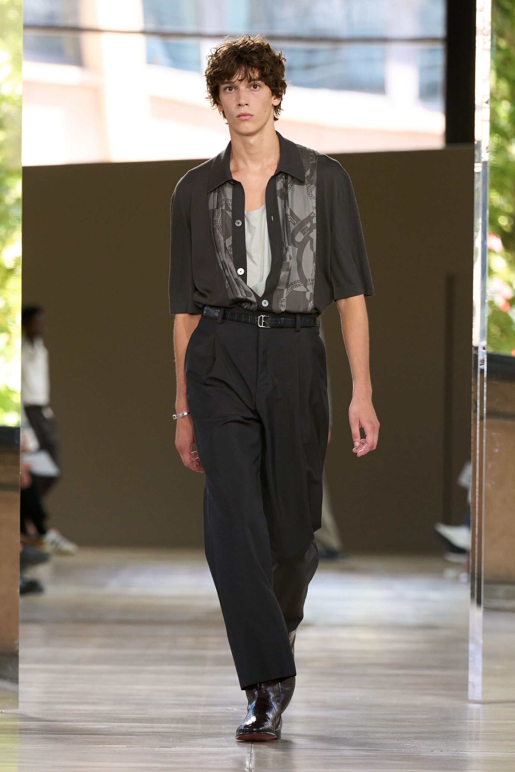 black and white relaxed shirt with tailored pants