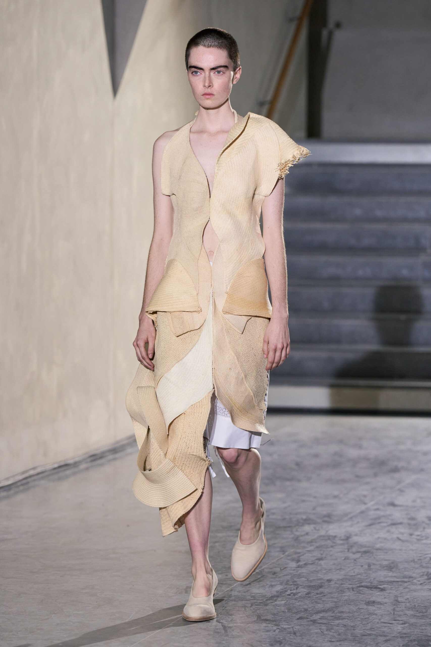 beige draped midi dress with shoes