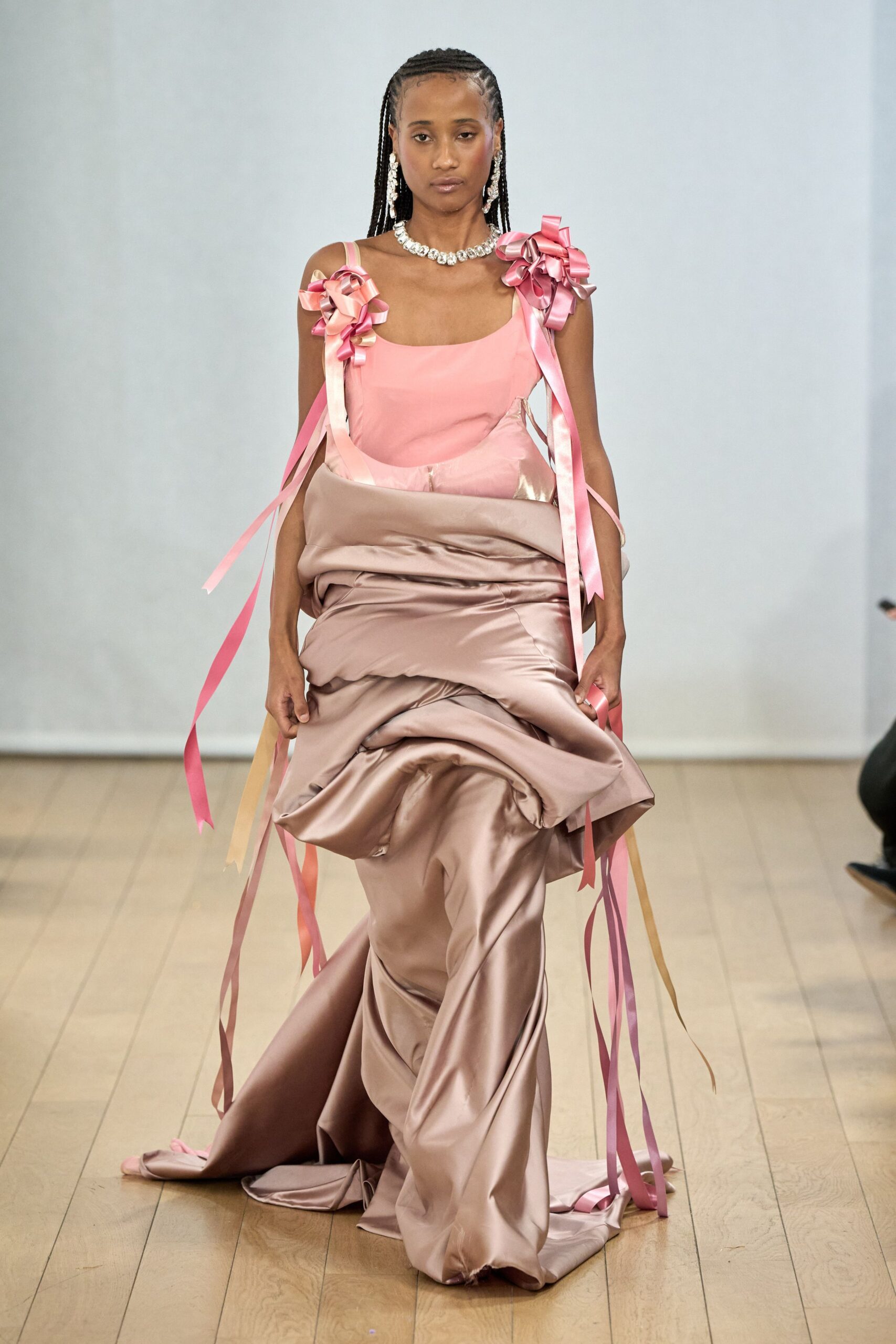 pink silk draped gown