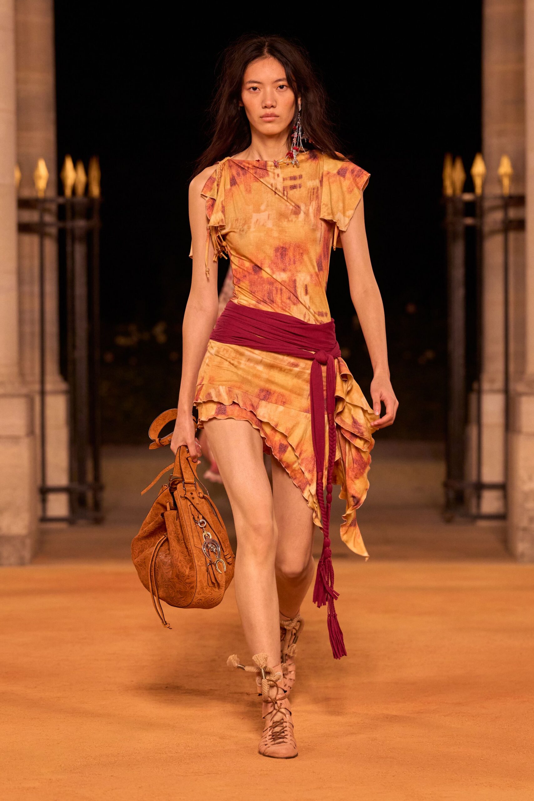 orange cotton short-sleeve asymmetric fitted ruffled tiered dress