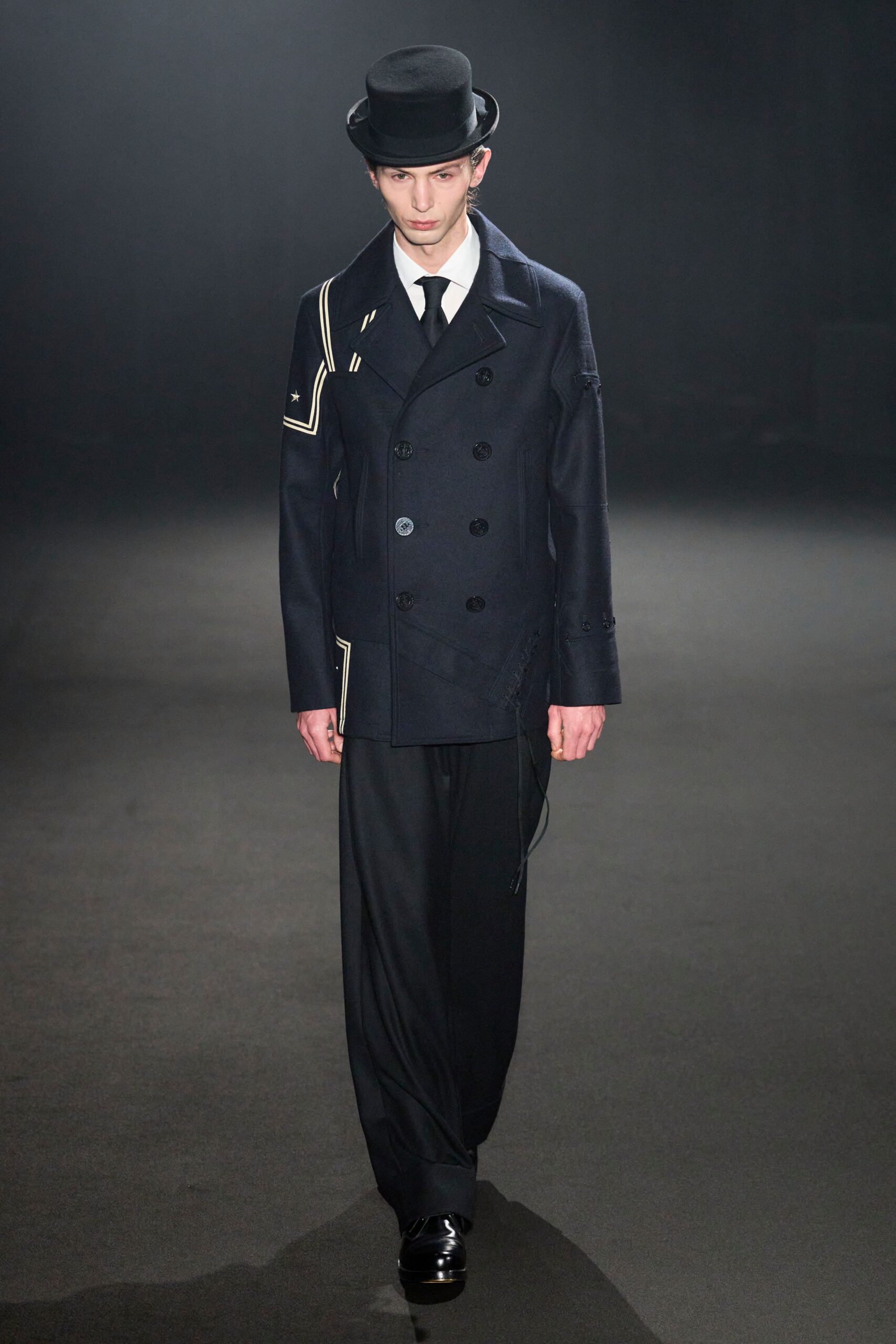 black wool long-sleeve collared structured buttoned jacket