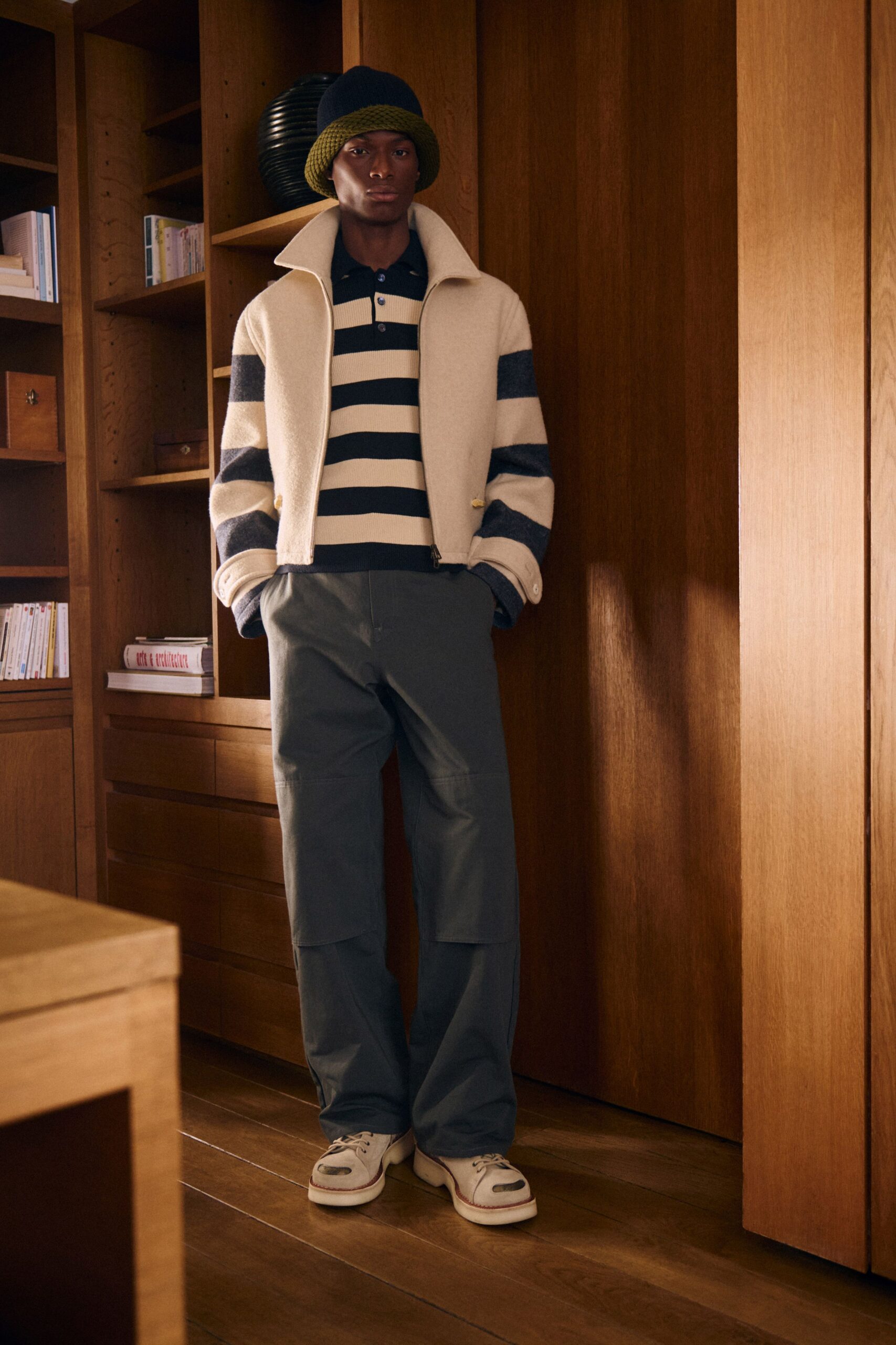 beige wool long-sleeve collared relaxed striped jacket