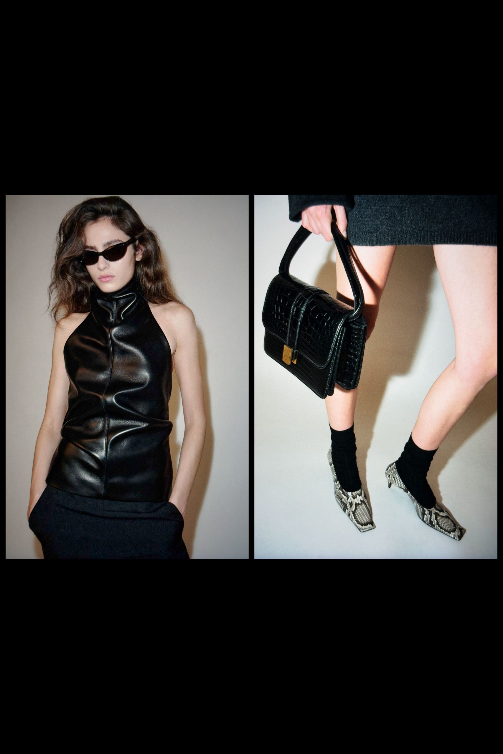 black leather fitted top and skirt