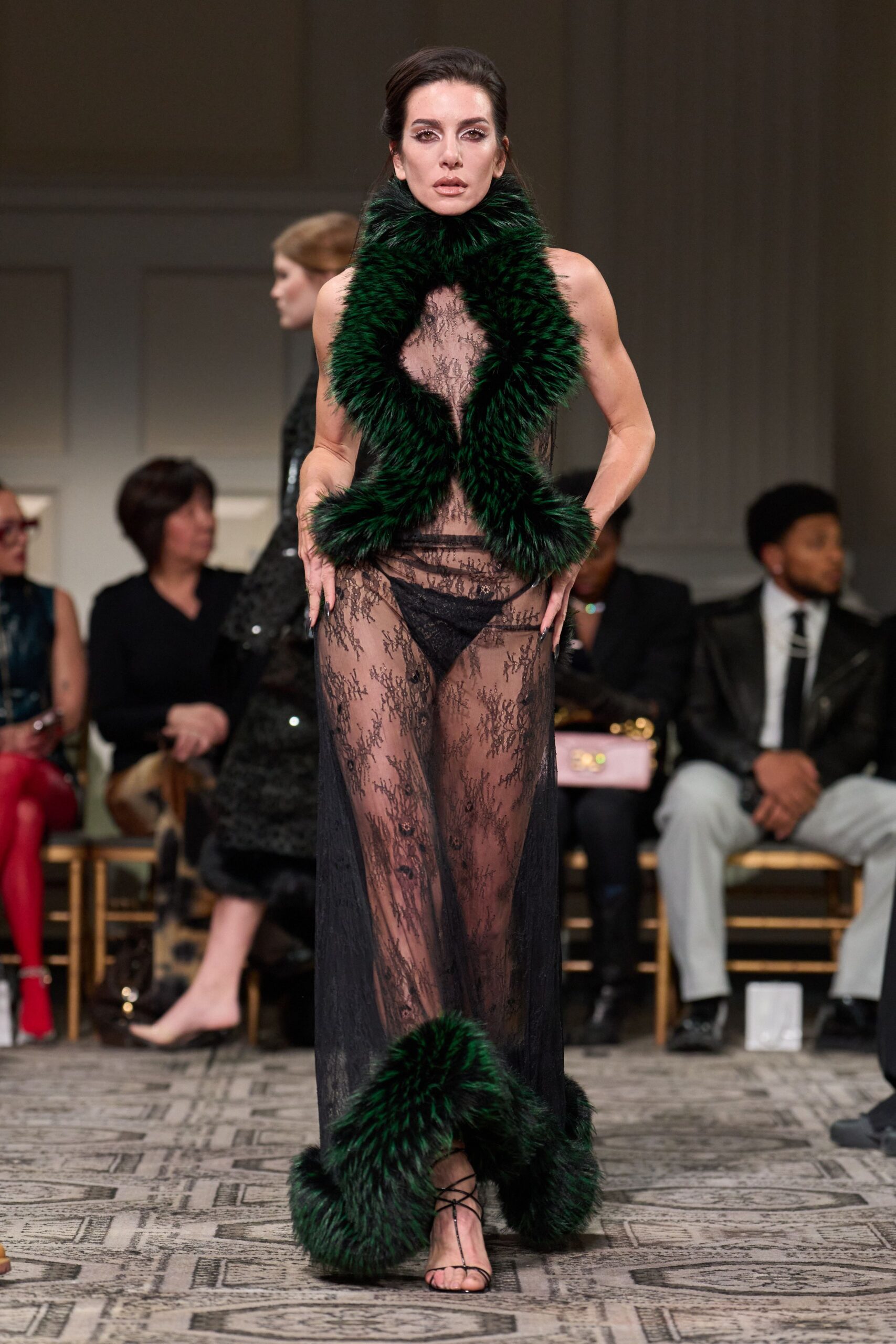 black lace sleeveless v-neck fitted draped gown