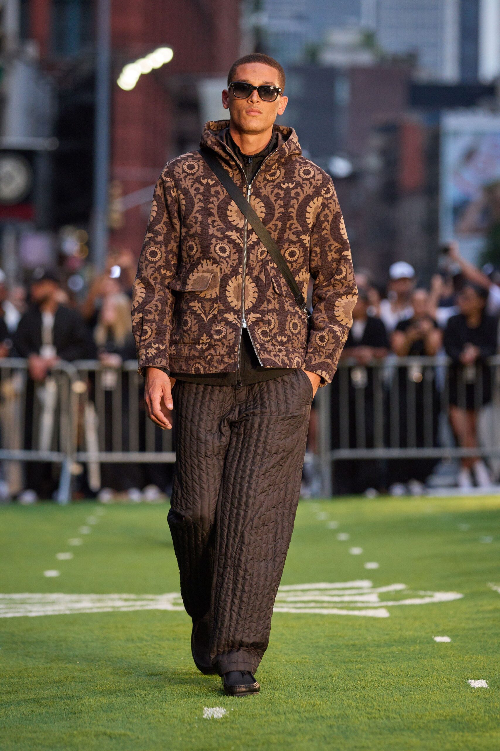 brown cotton long-sleeve collared relaxed printed jacket