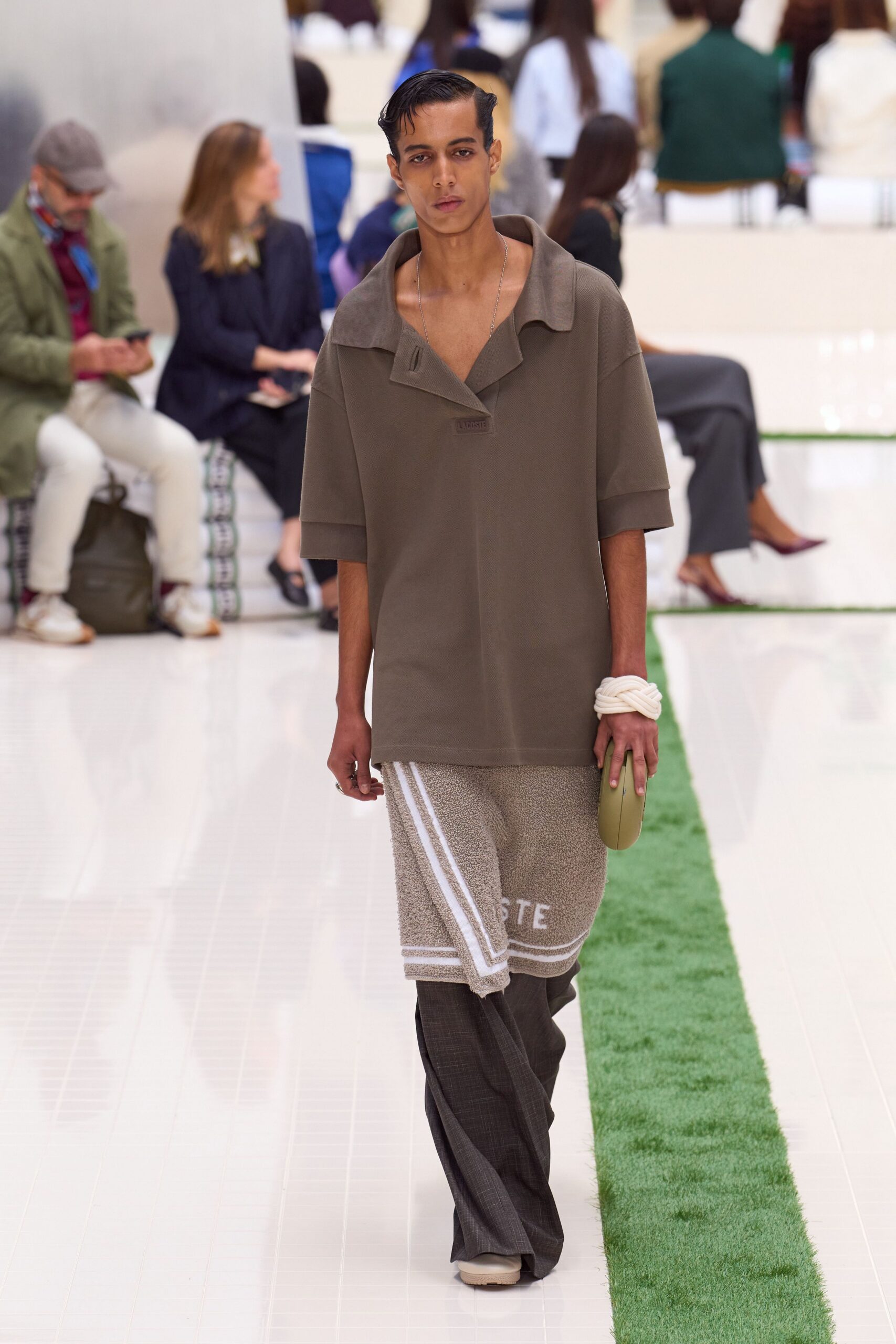brown relaxed top with gray pants