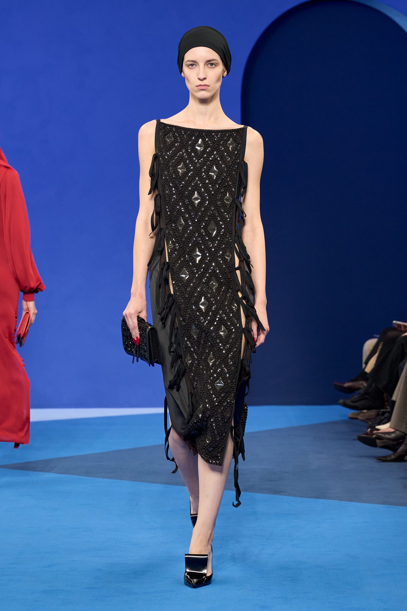 black silk sleeveless v-neck fitted fringed beaded dress