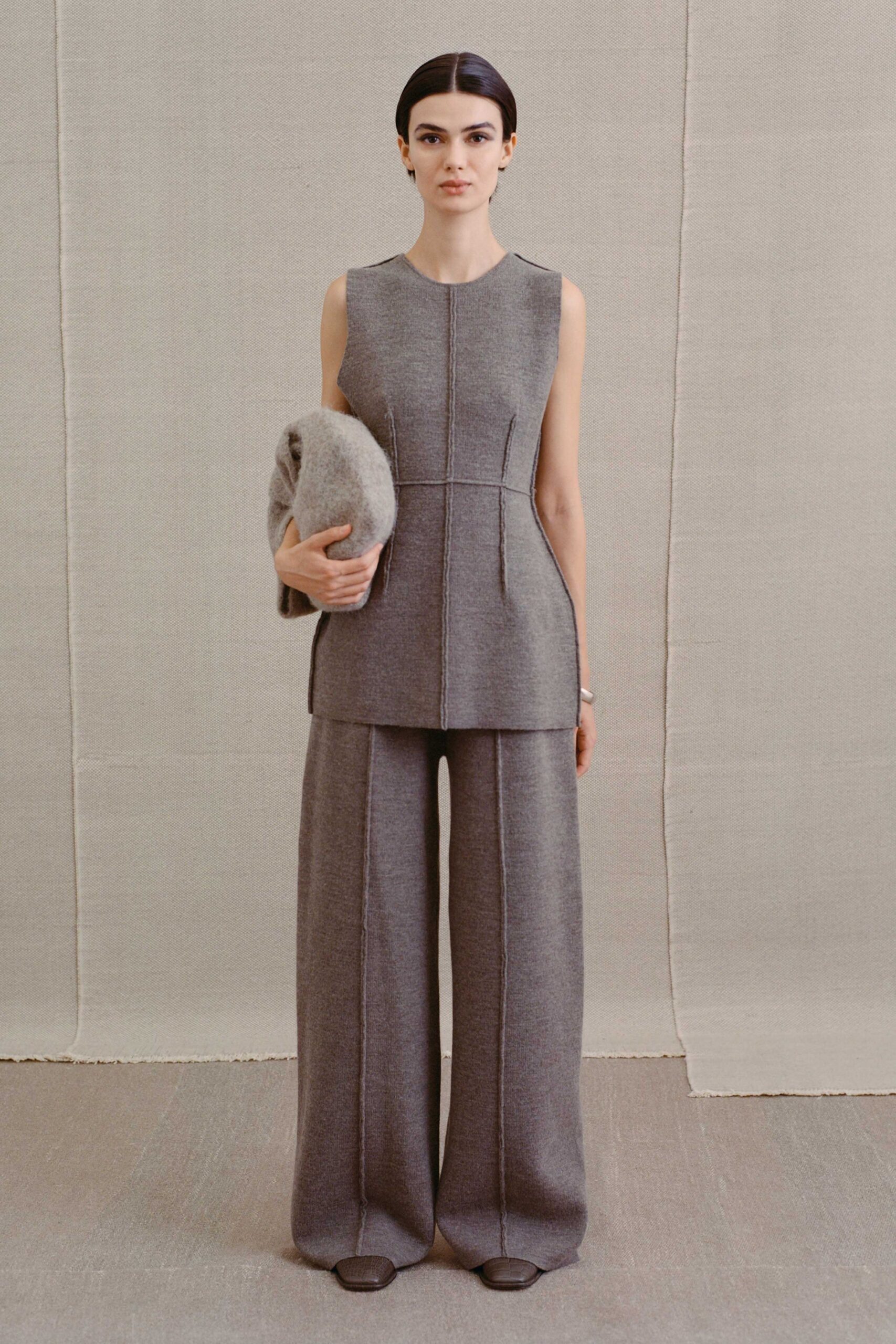 gray wool sleeveless high-neck fitted structured top