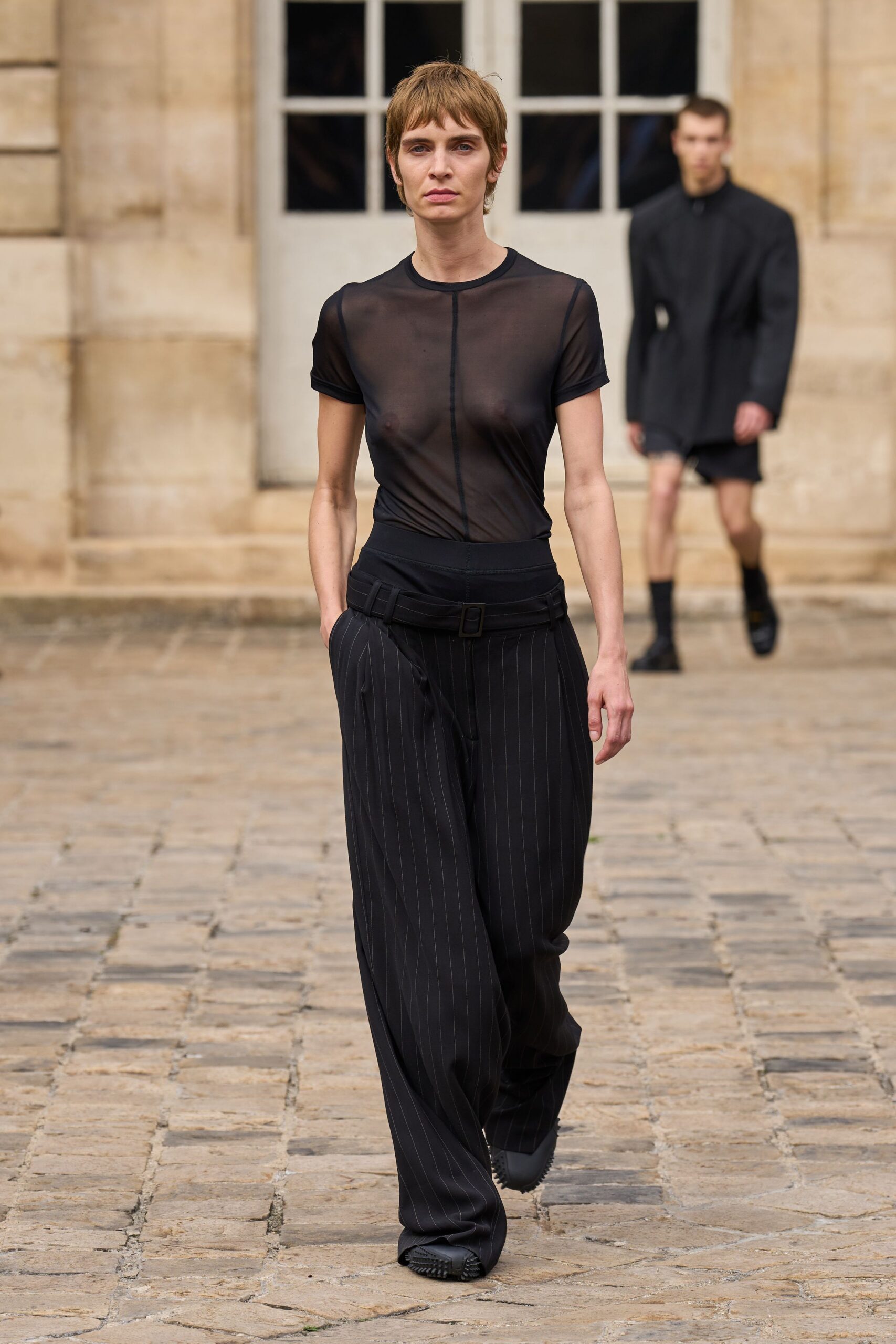 black mesh short-sleeve v-neck fitted sheer top