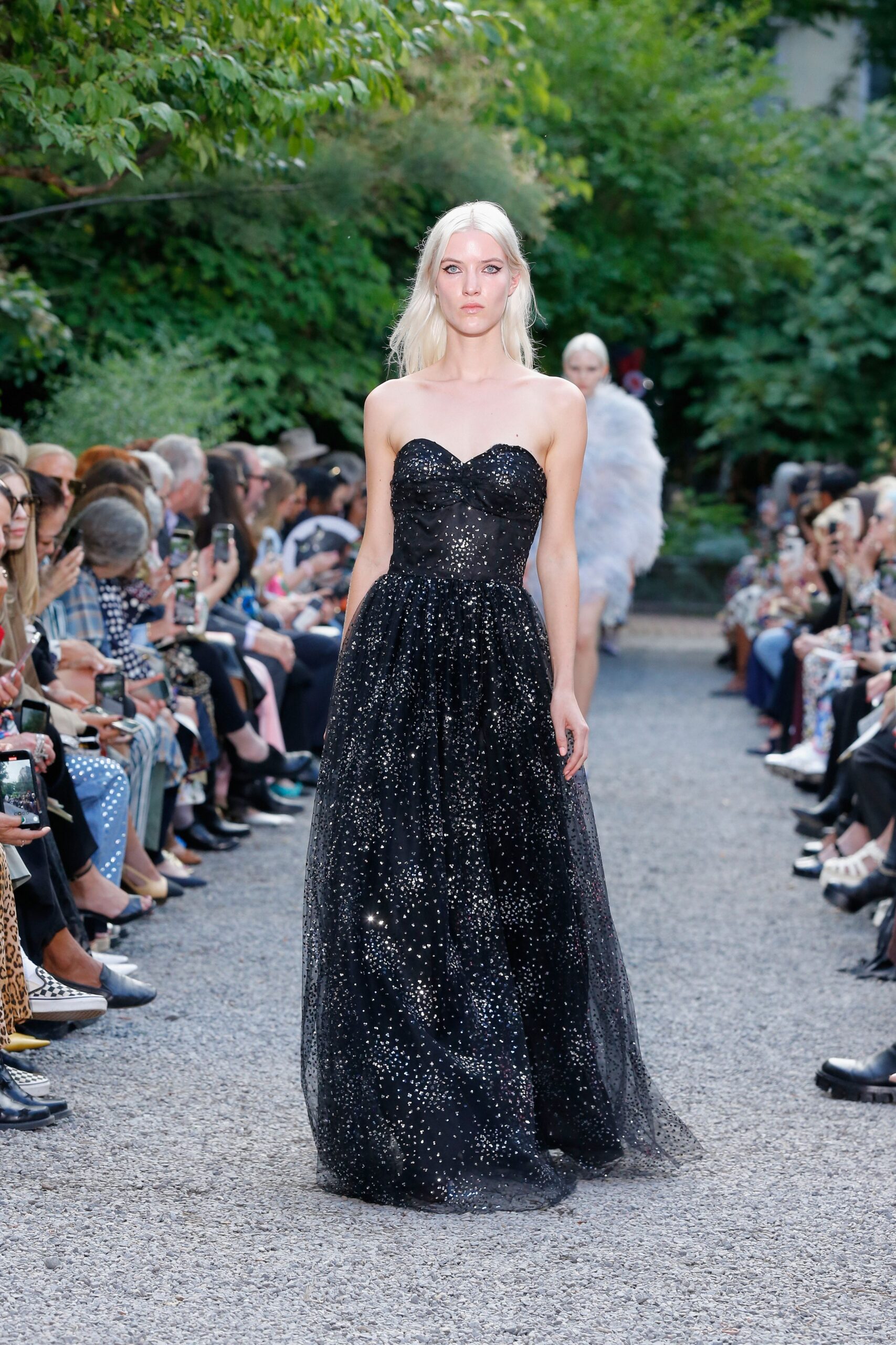 black sequined strapless gown