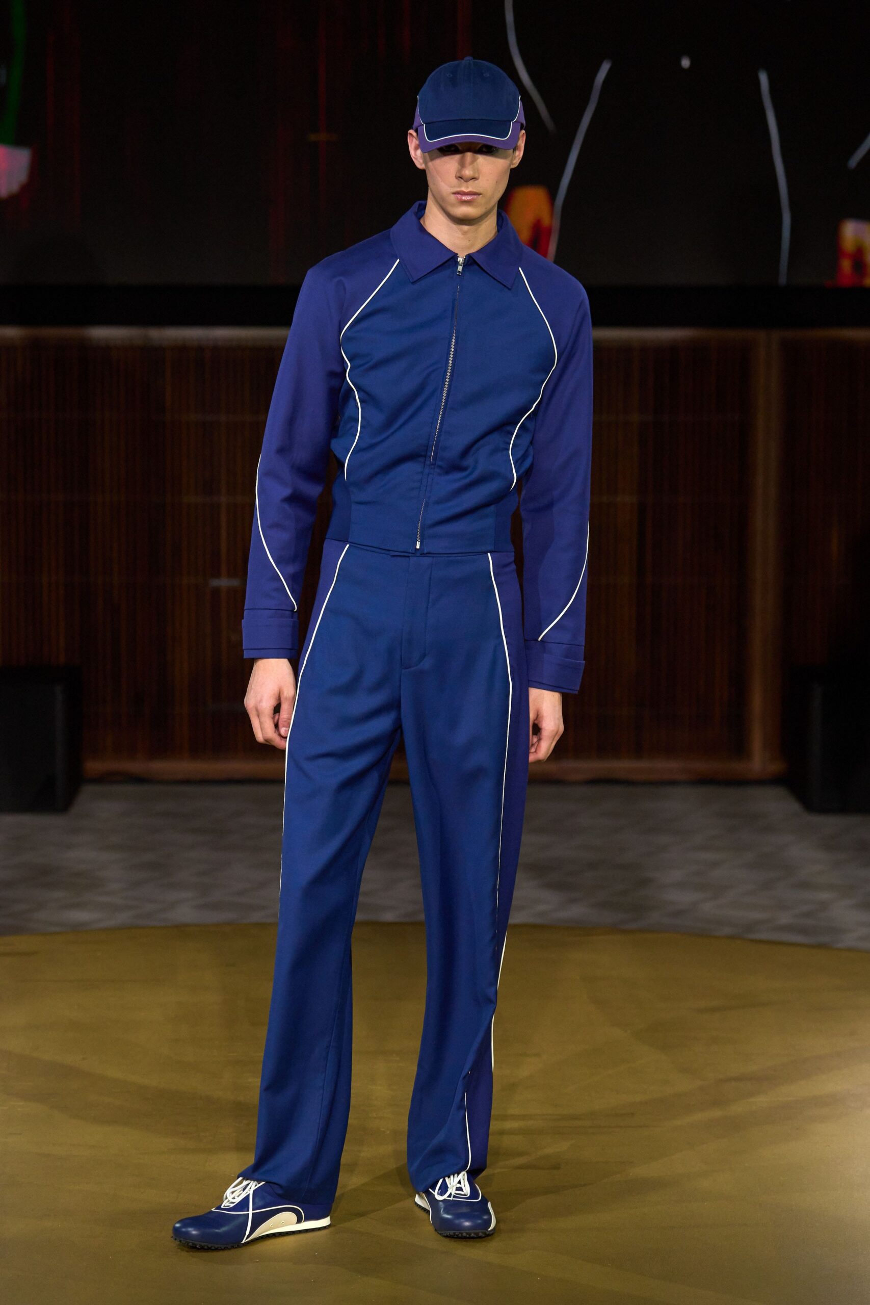 blue cotton long-sleeve collared fitted zippered color-blocked jumpsuit