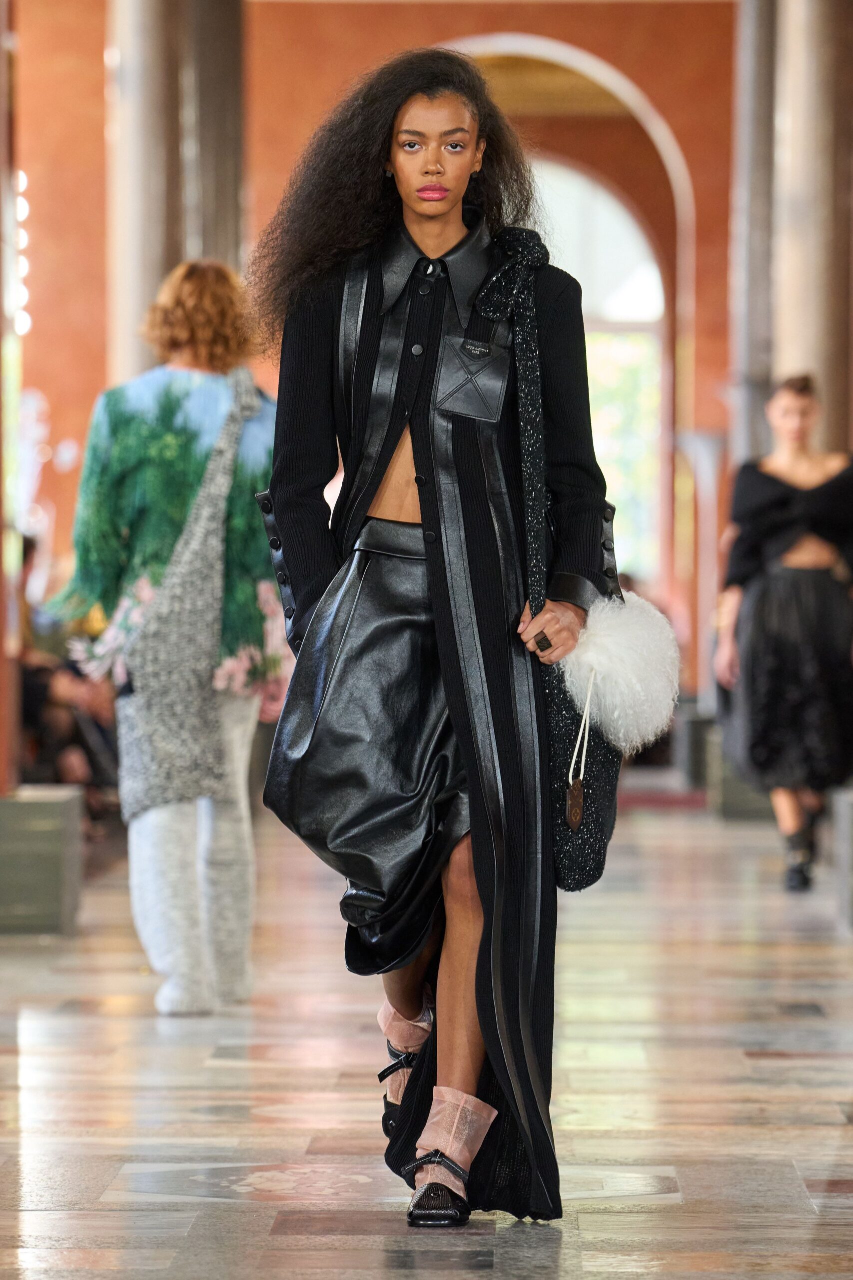 black leather coat and skirt