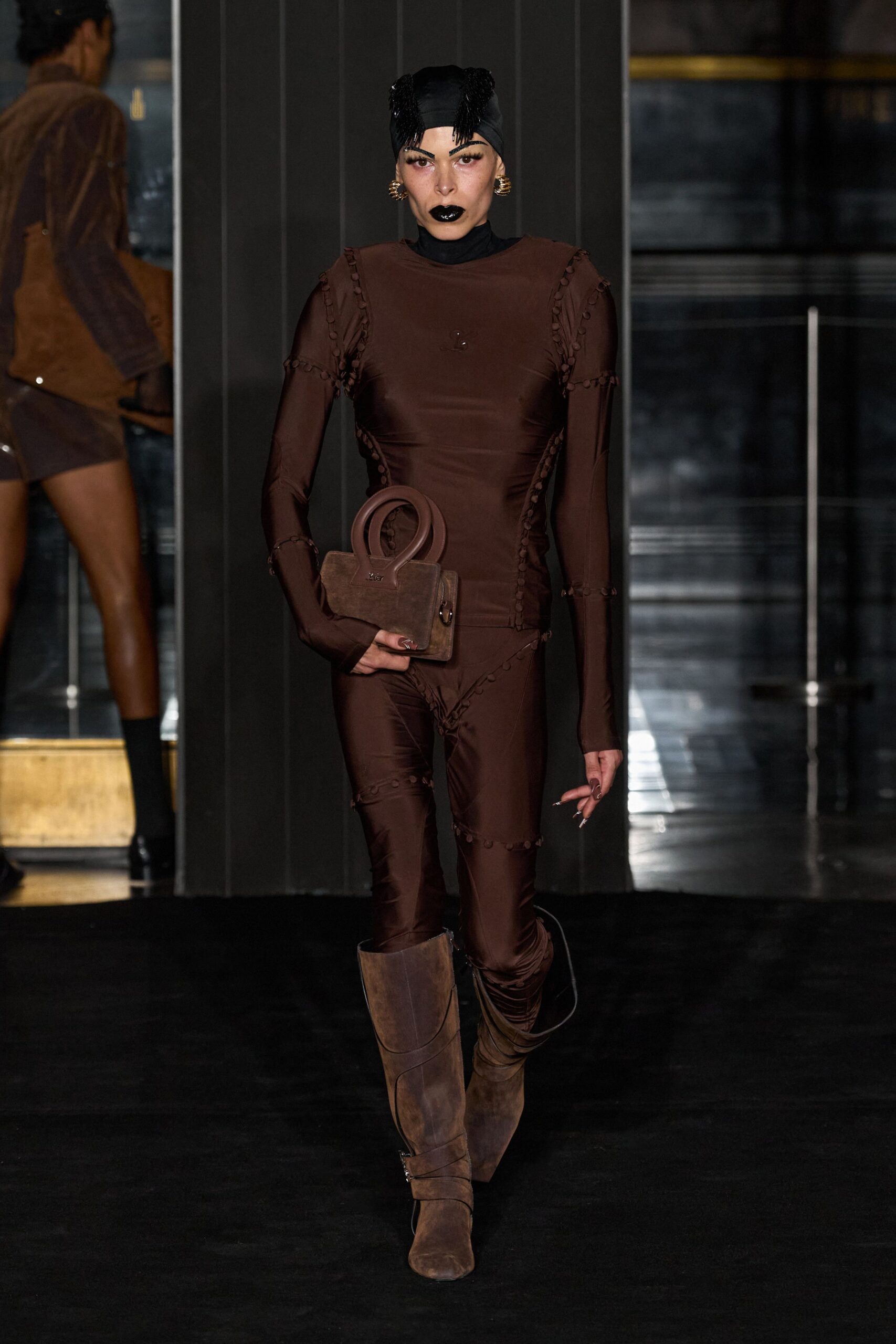 brown fitted neoprene catsuit
