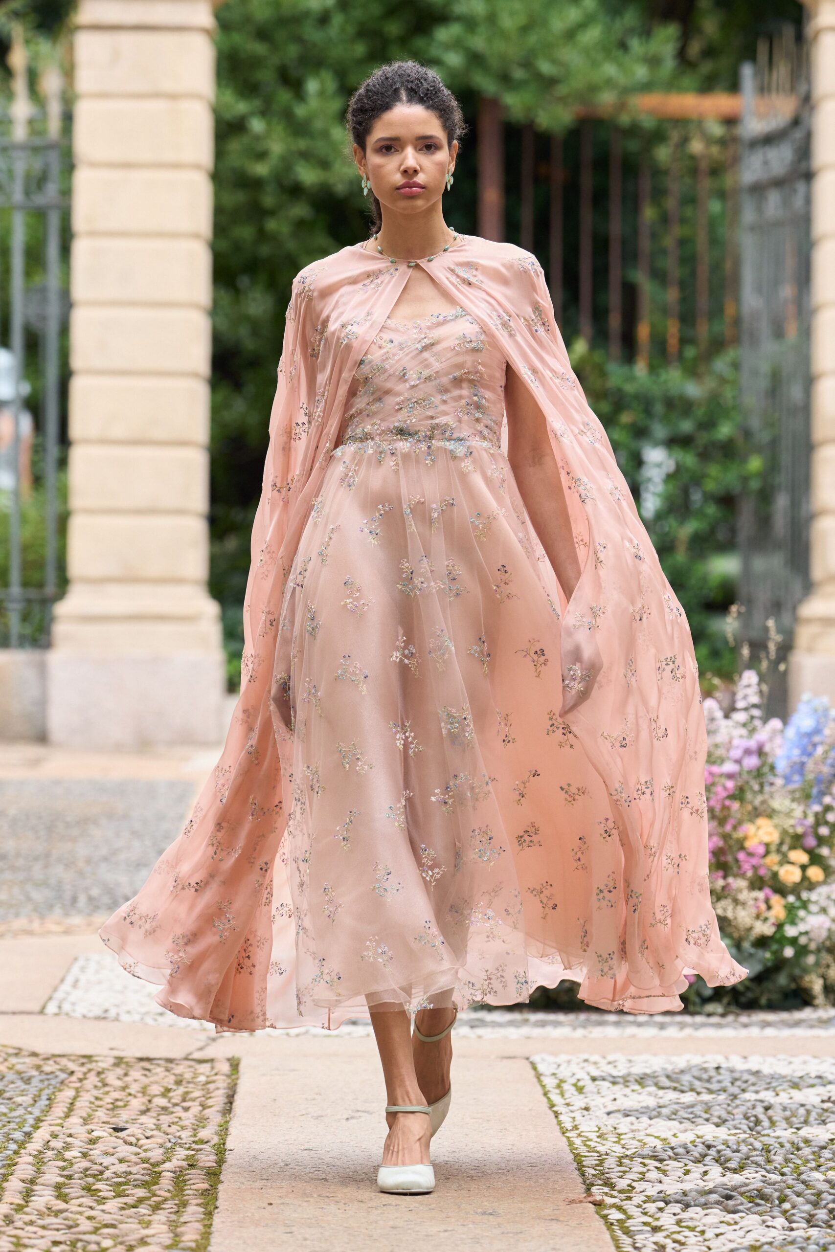 pink chiffon sleeveless relaxed layered flowing cape
