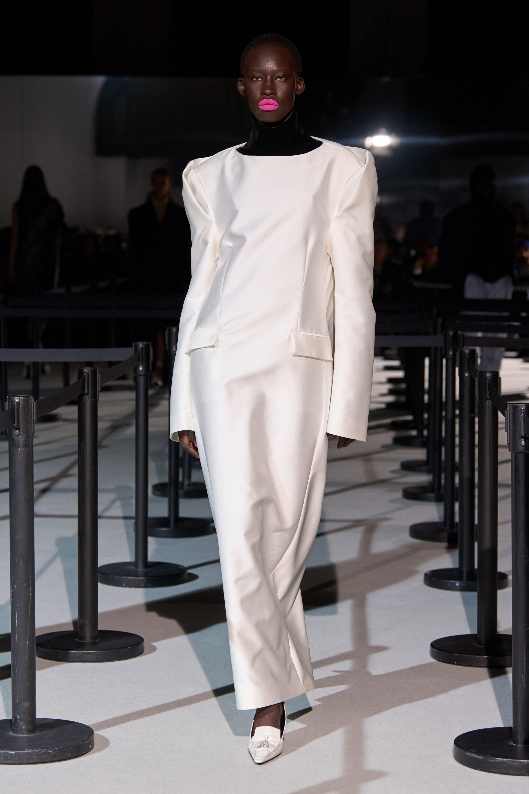 white silk long-sleeve high-neck fitted straight-leg shiny dress