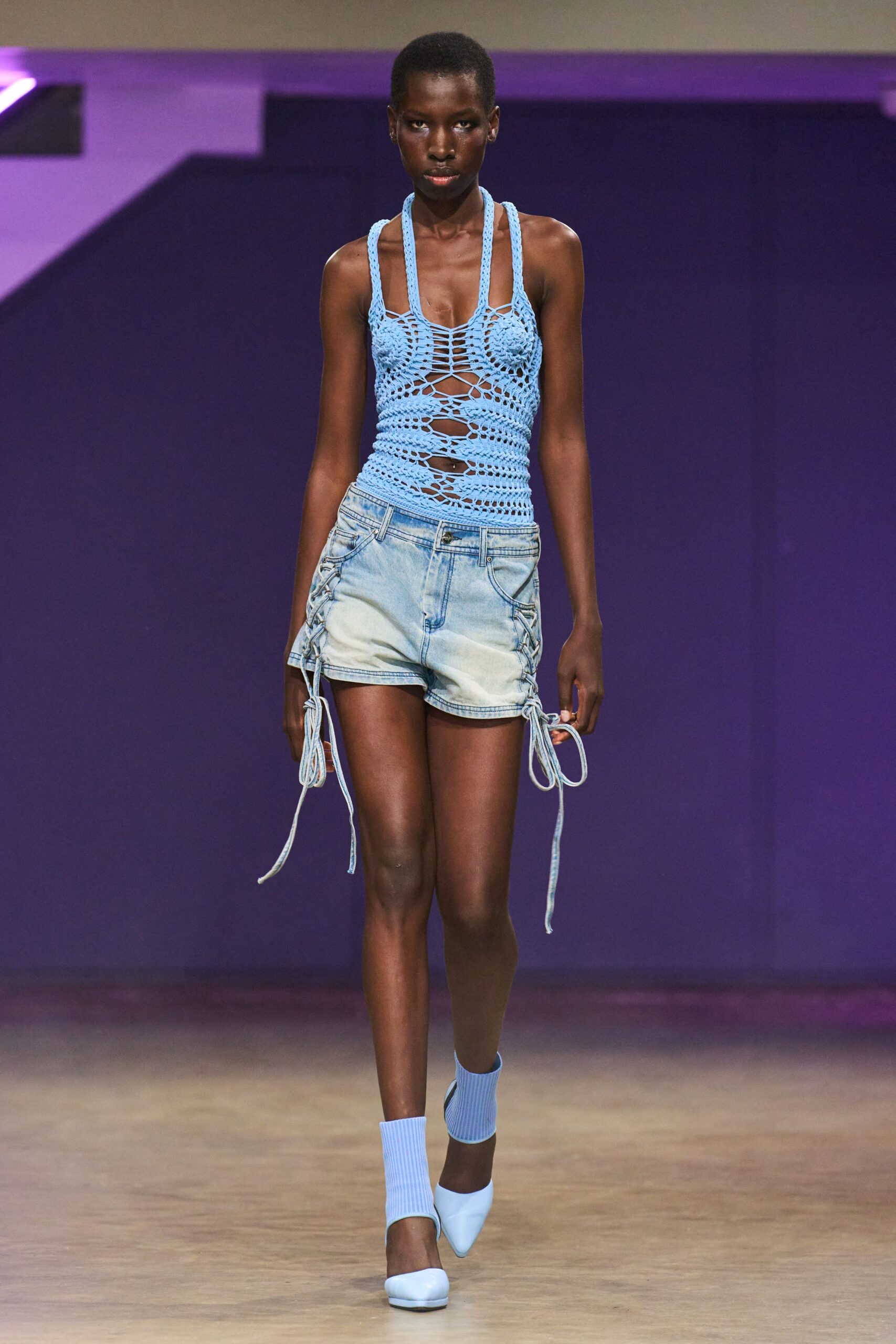 blue crochet top with denim shorts