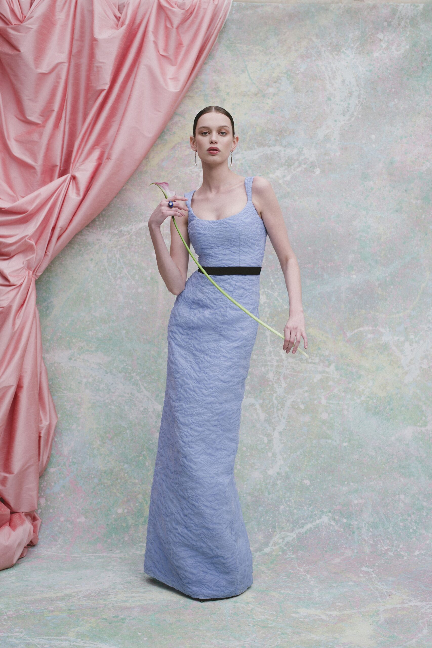 fitted blue silk gown