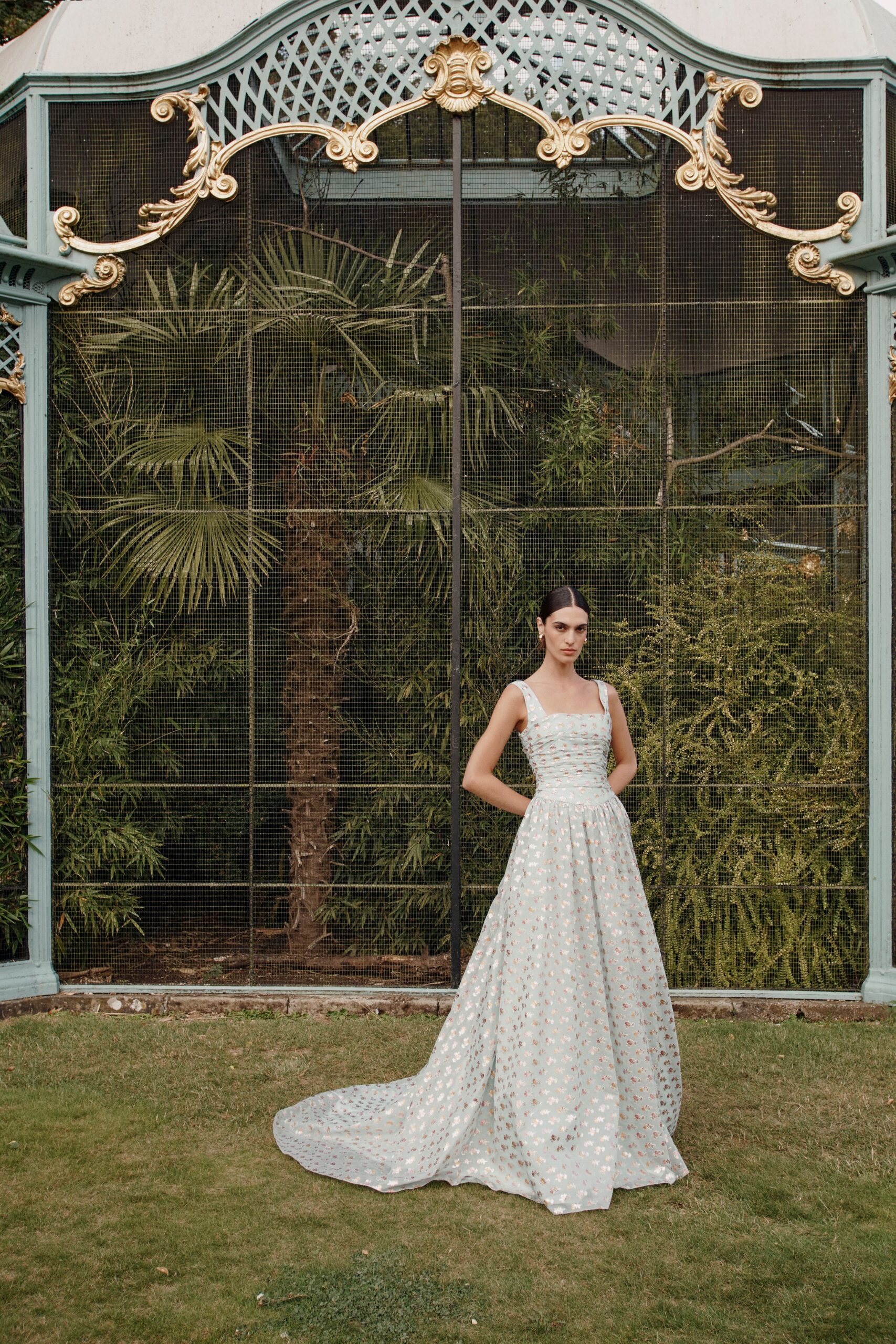 white silk embroidered gown