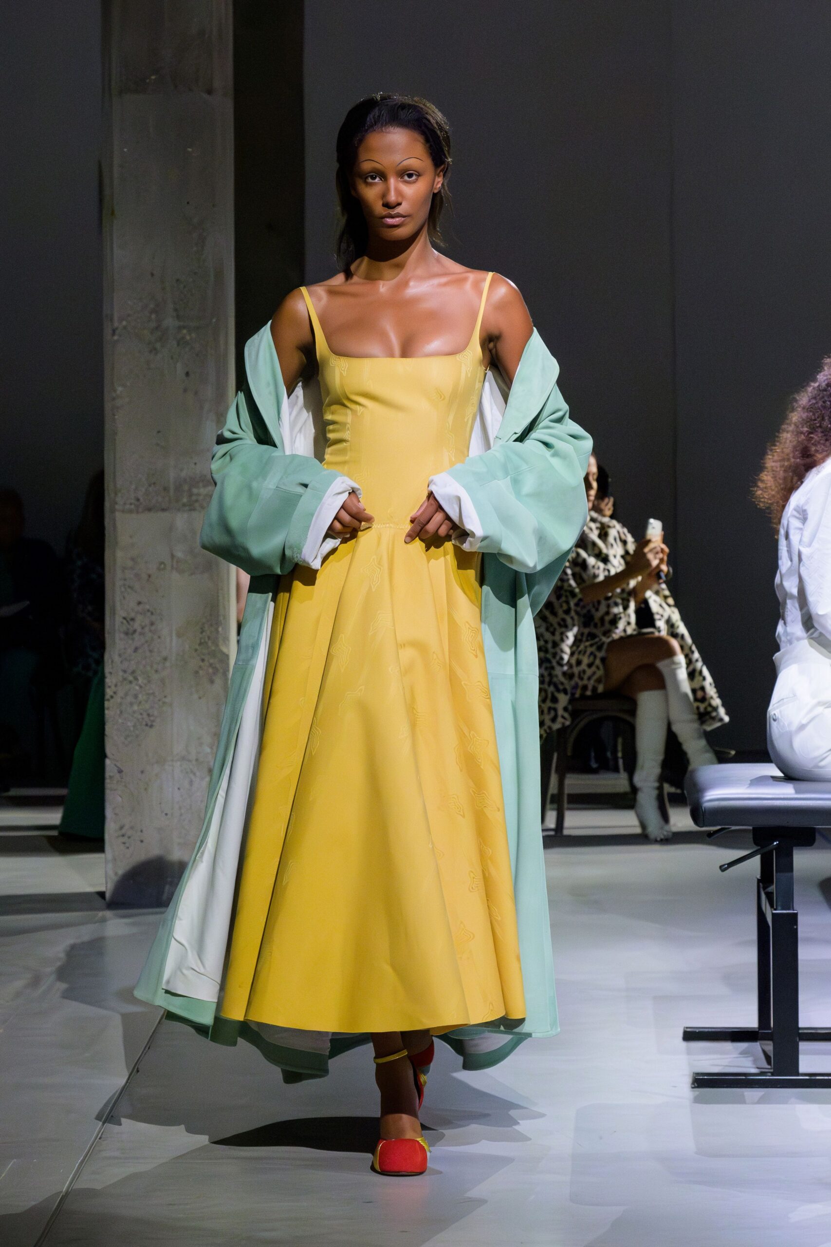 yellow silk sleeveless v-neck fitted a-line midi dress