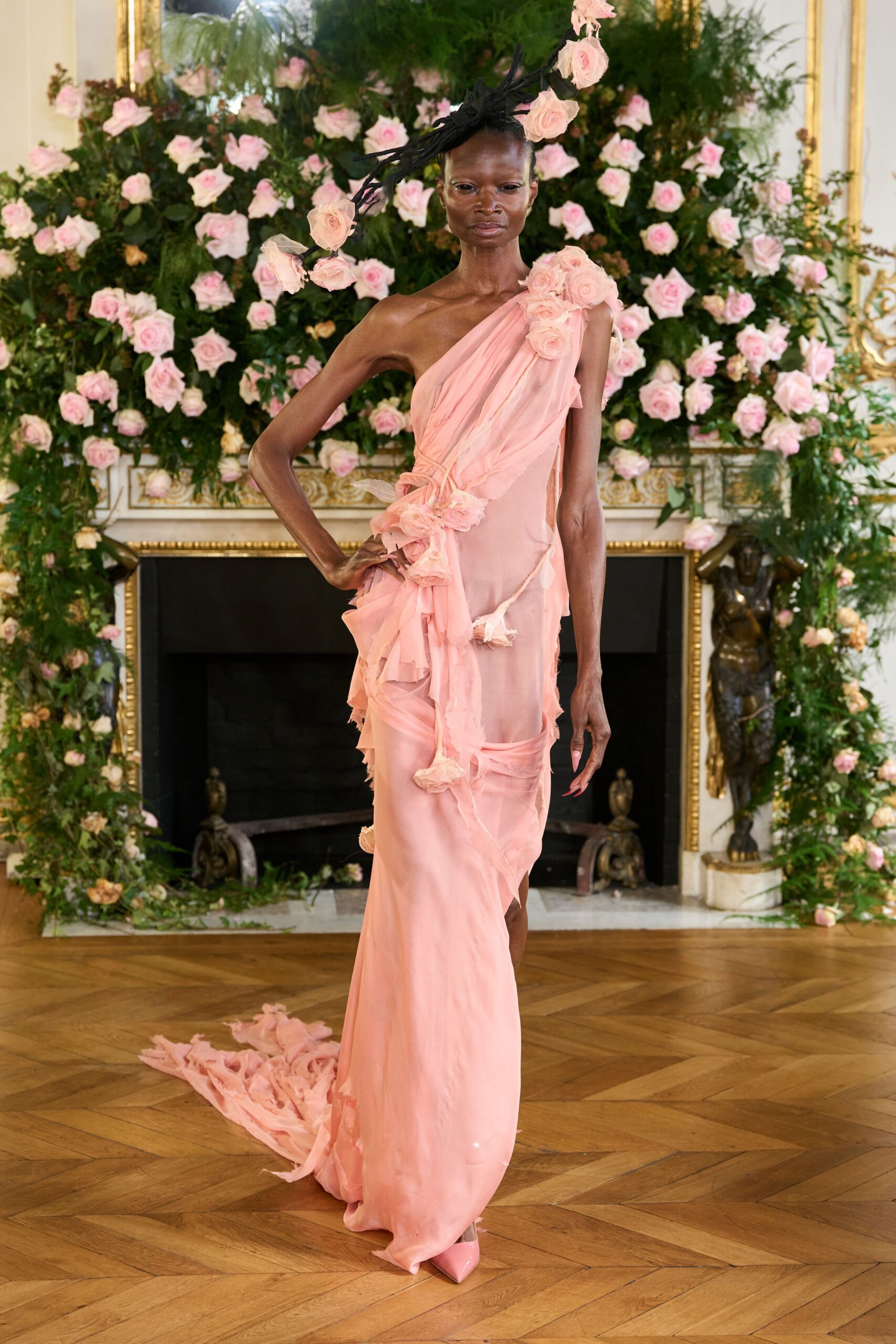 pink chiffon sleeveless off-shoulder fitted ruffled layered gown
