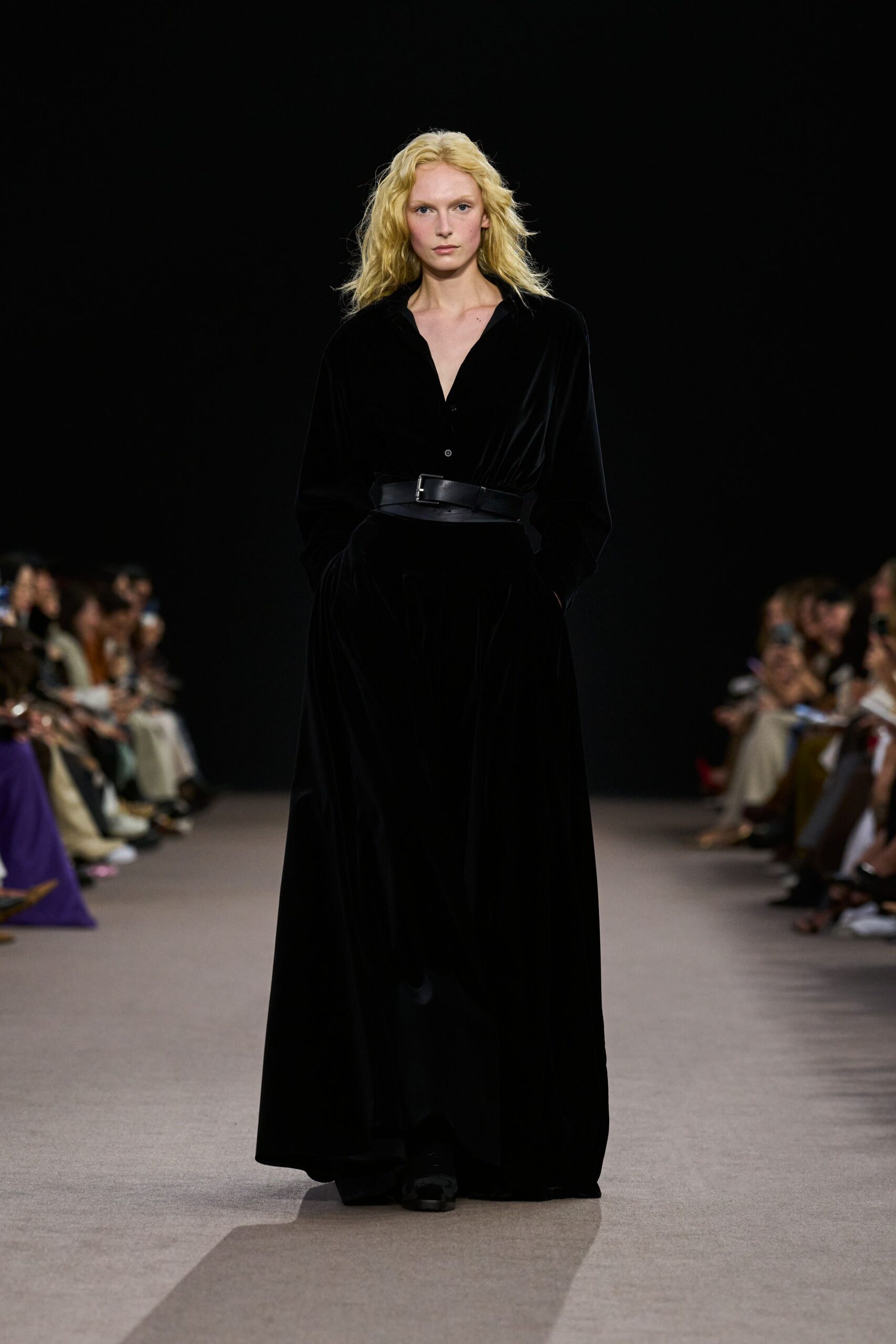 black velvet long-sleeve collared fitted belted a-line dress