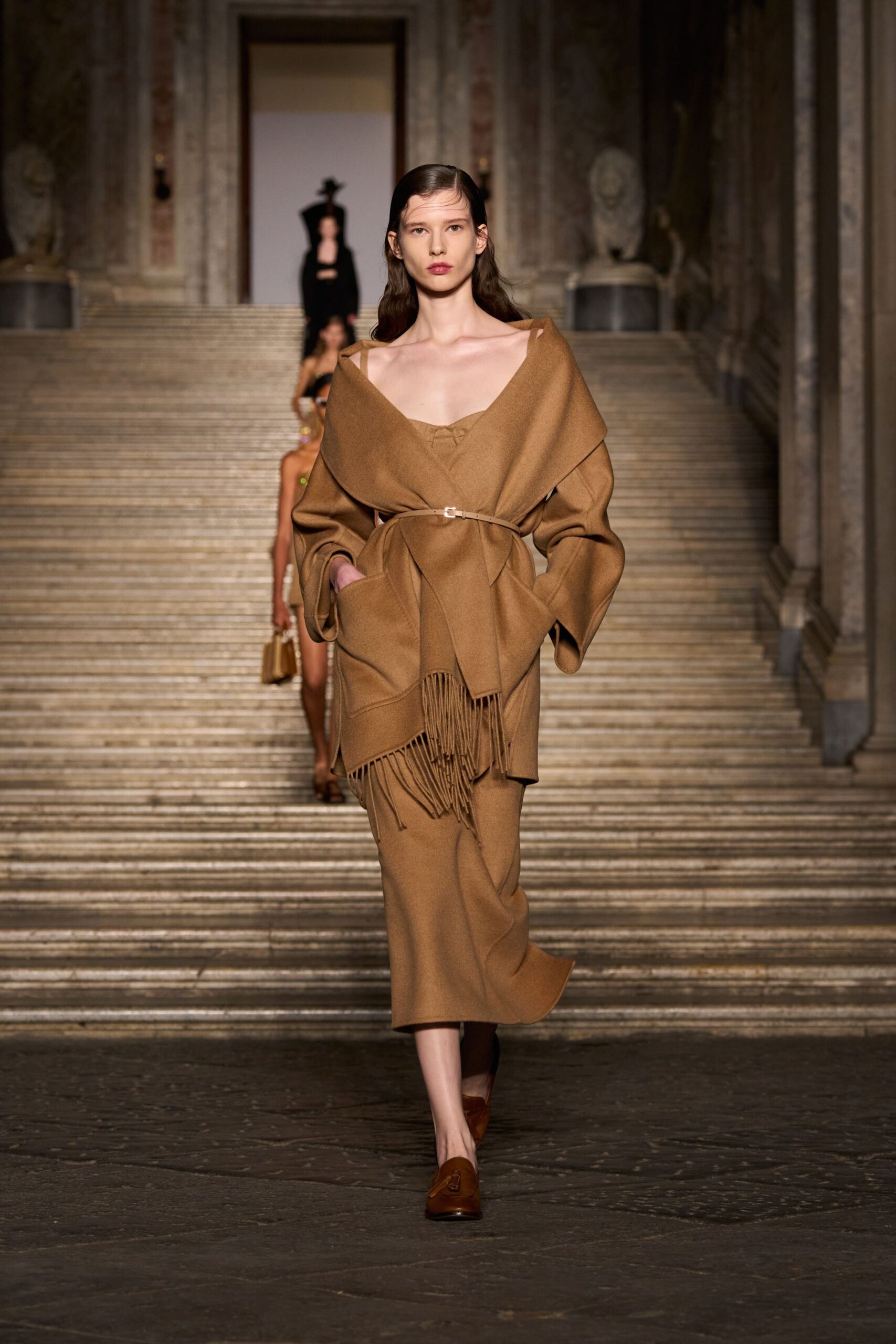 brown wool midi dress with coat