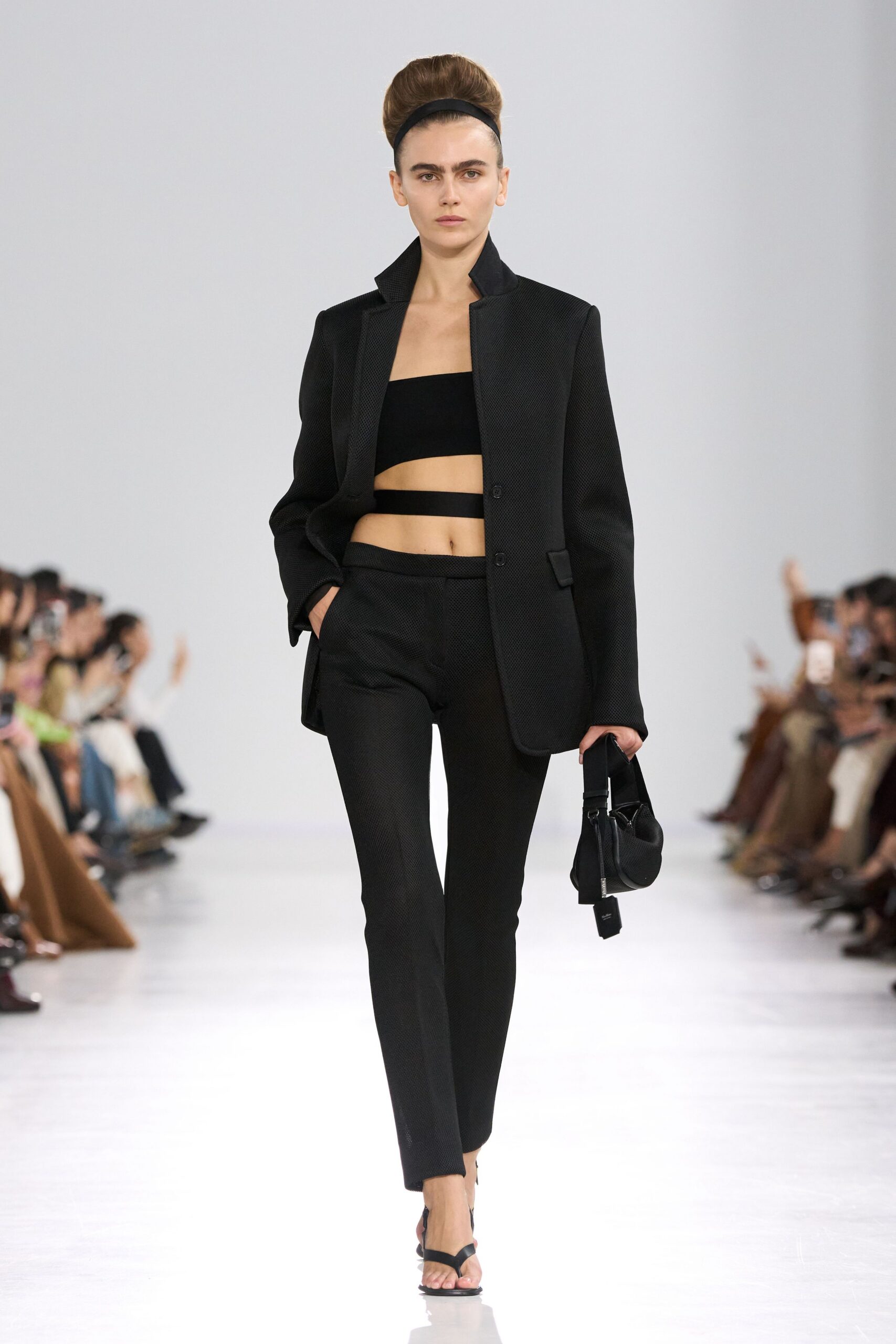 black blazer crop-top pants