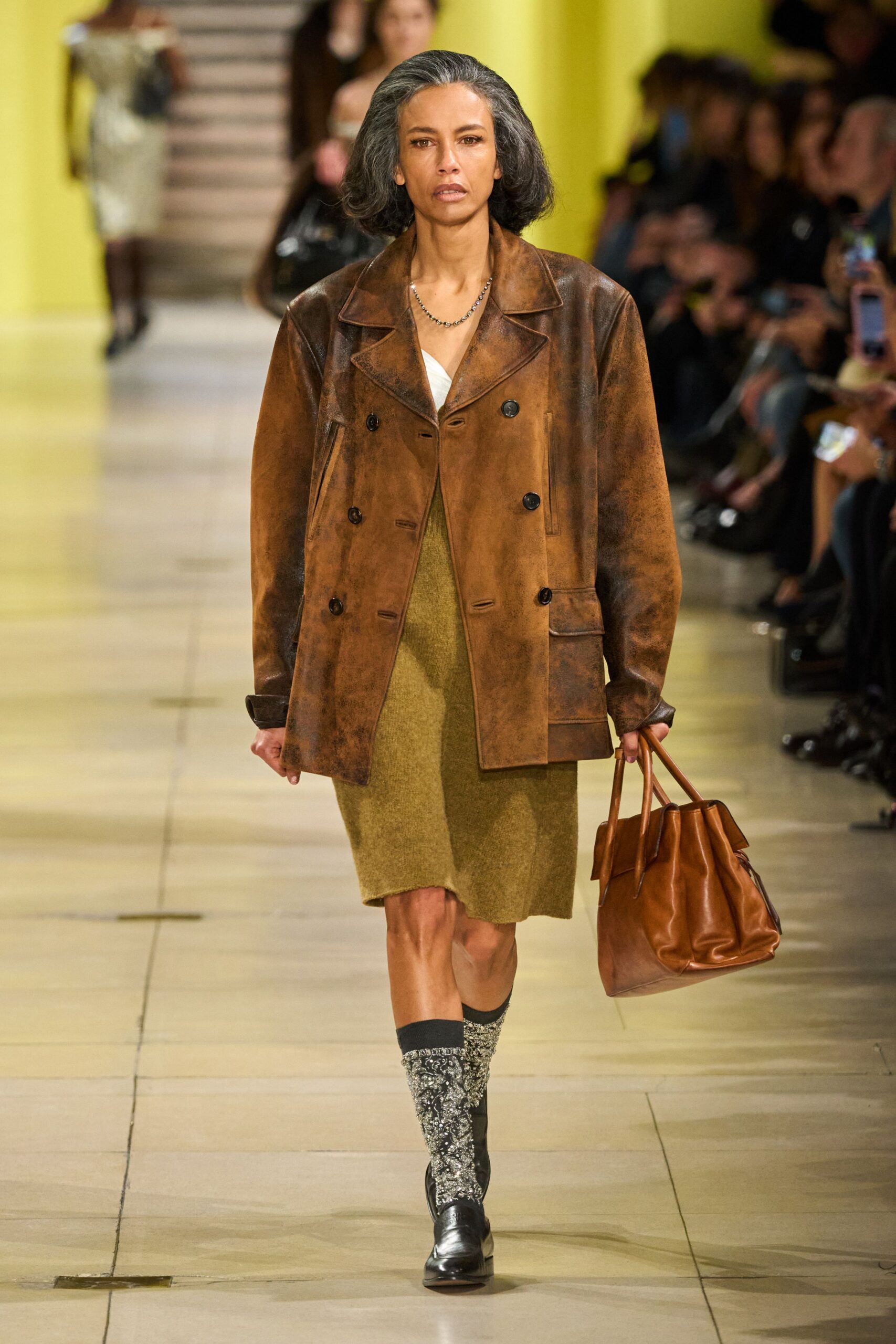 brown leather long-sleeve collared relaxed buttoned jacket
