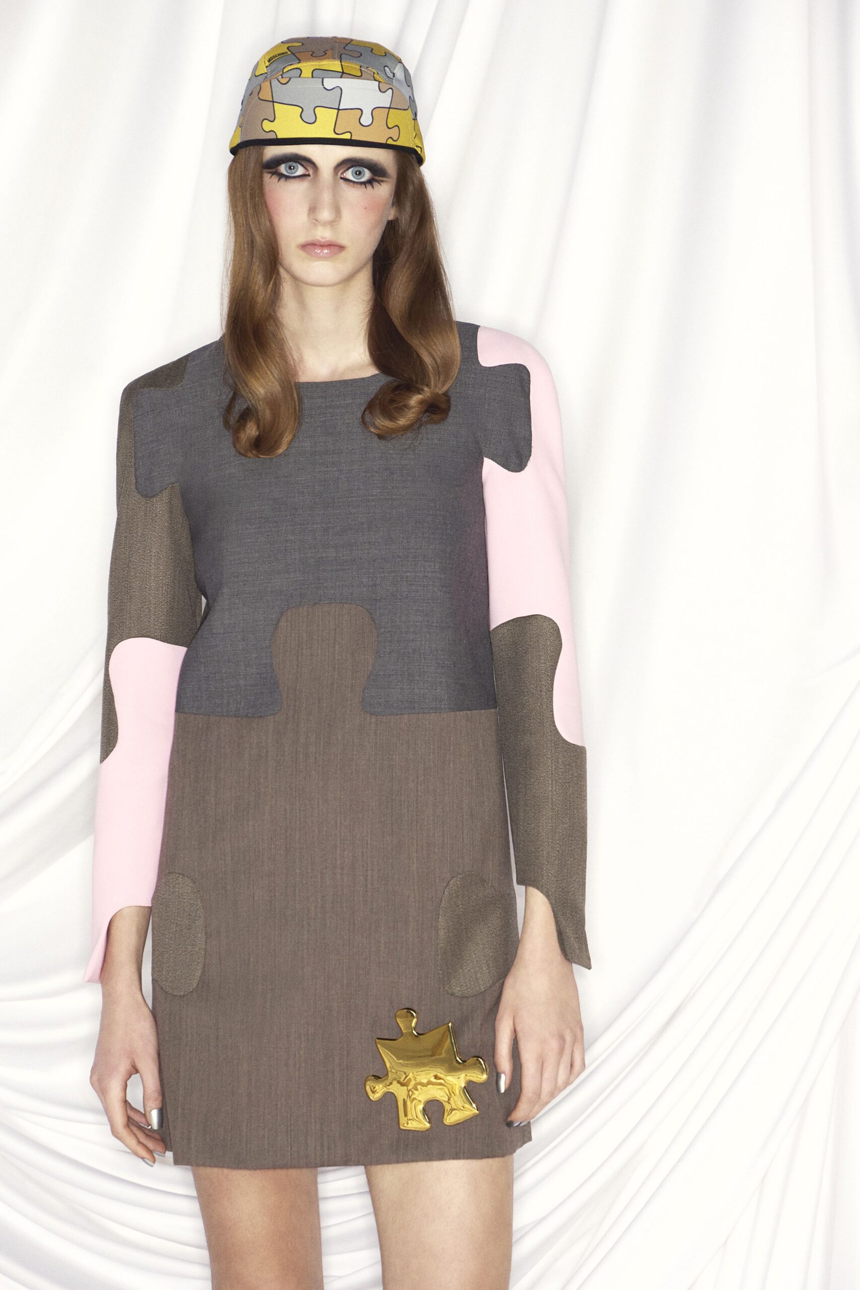 gray cotton long-sleeve collared fitted layered mini dress