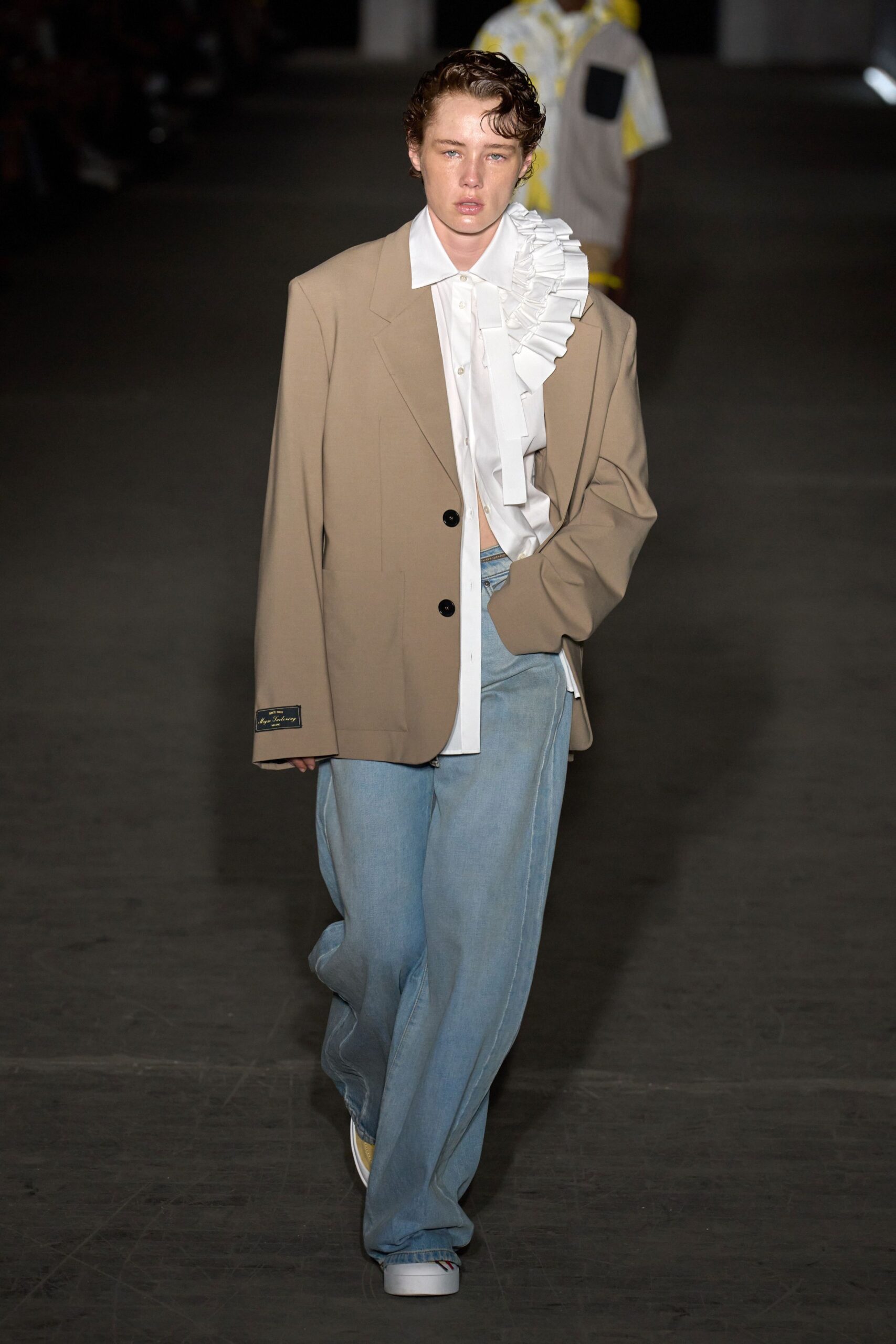 beige long-sleeve collared oversized buttoned blazer