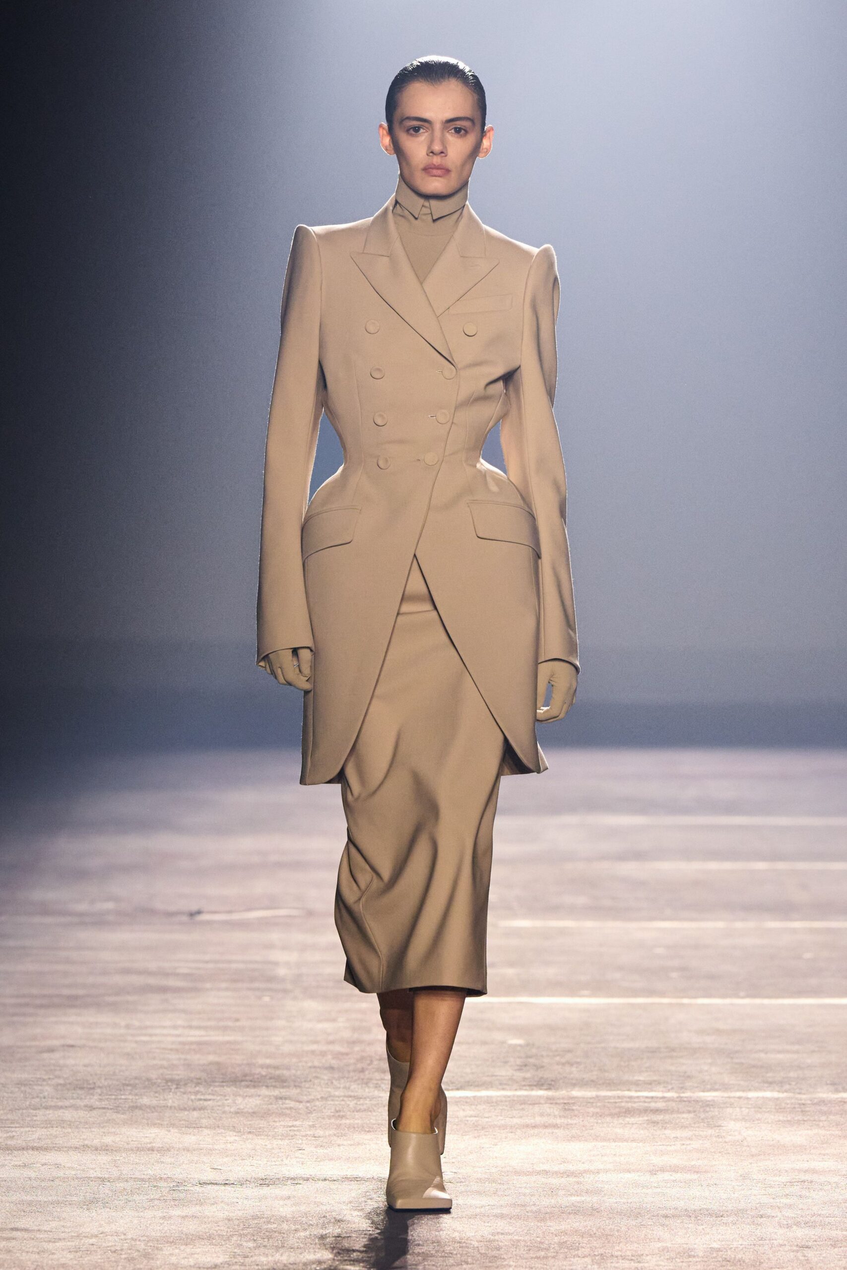 beige wool long-sleeve collared structured pencil midi suit