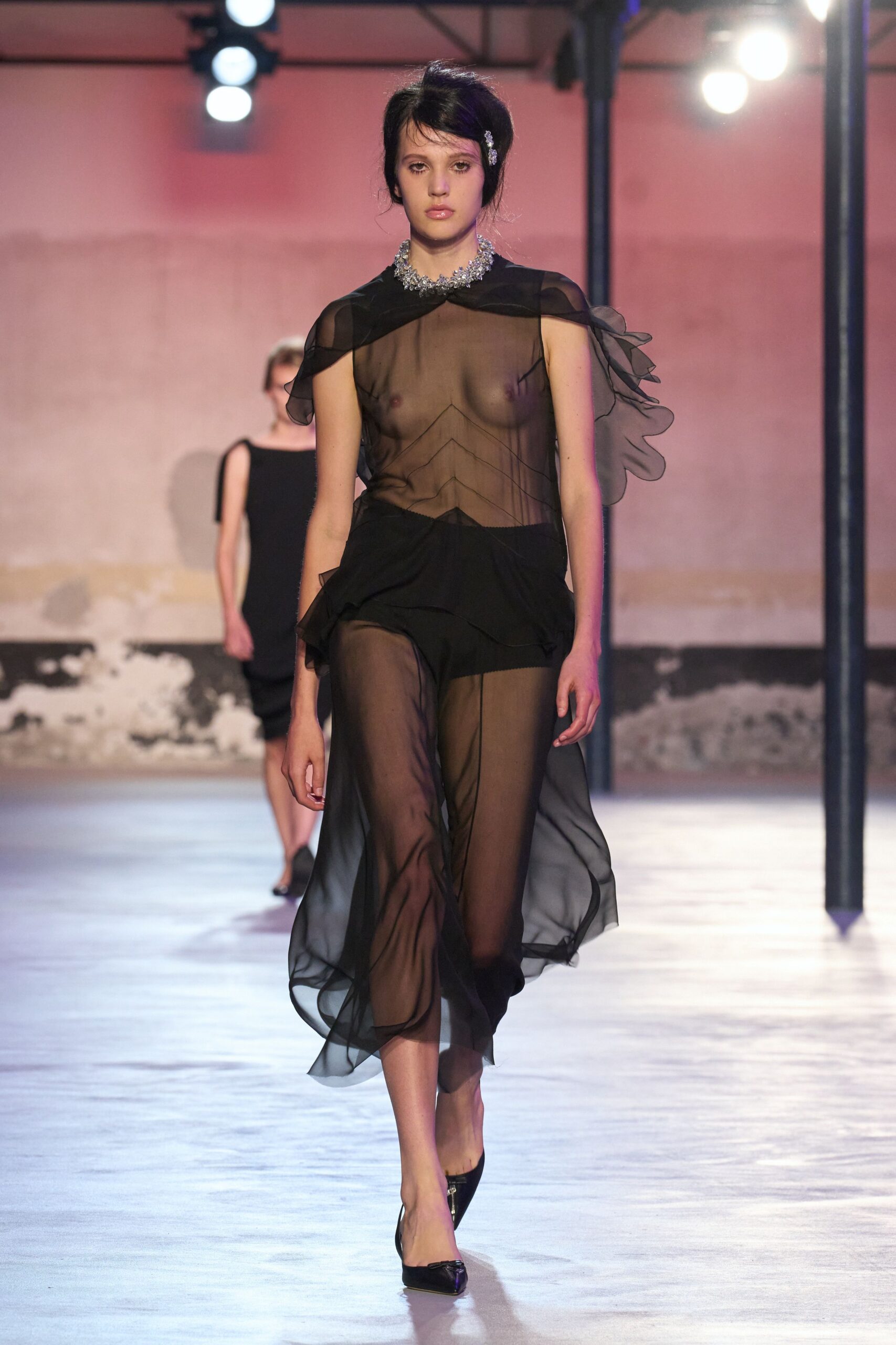 black sheer layered midi dress with heels