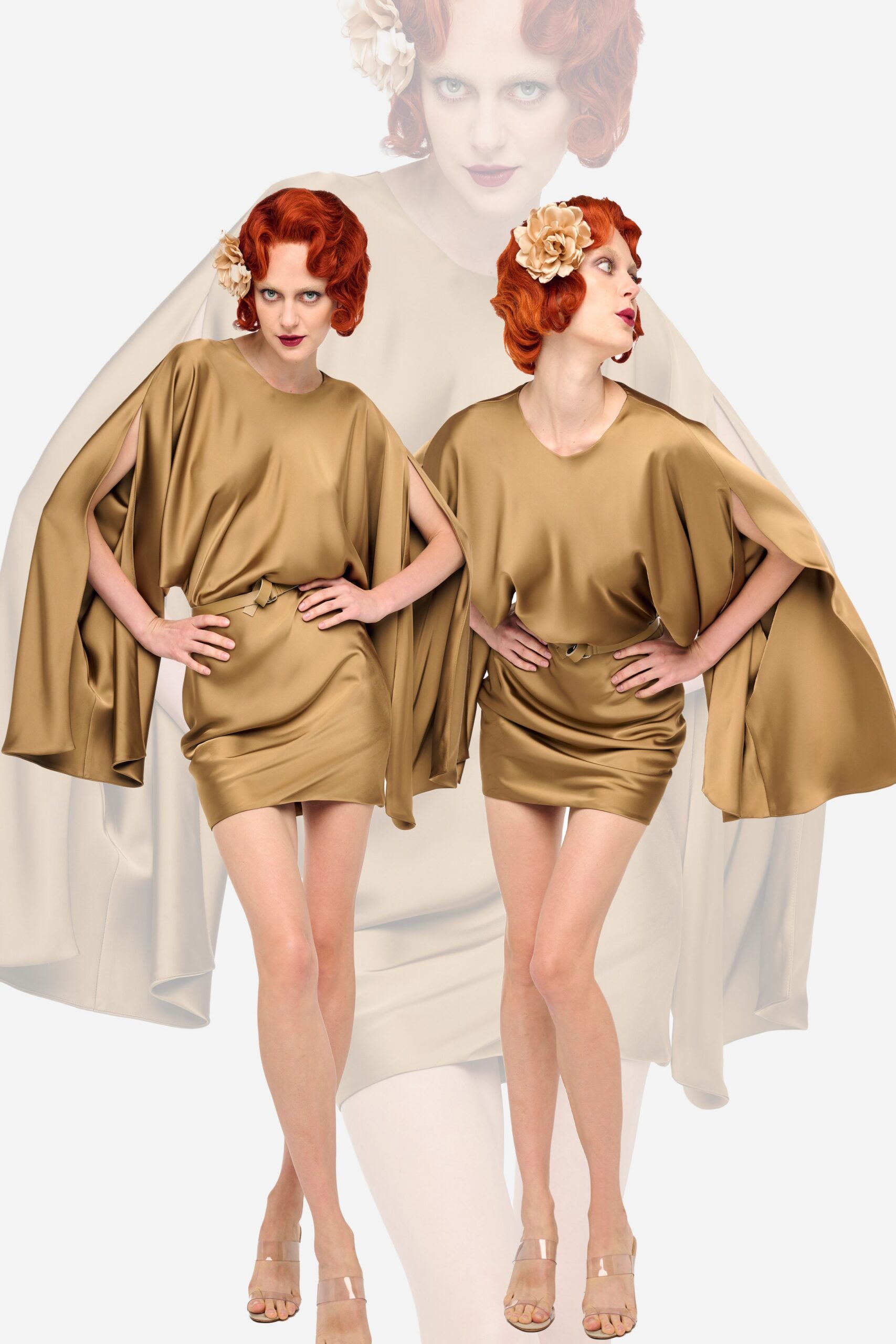gold satin sleeveless v-neck fitted draped flowing dress