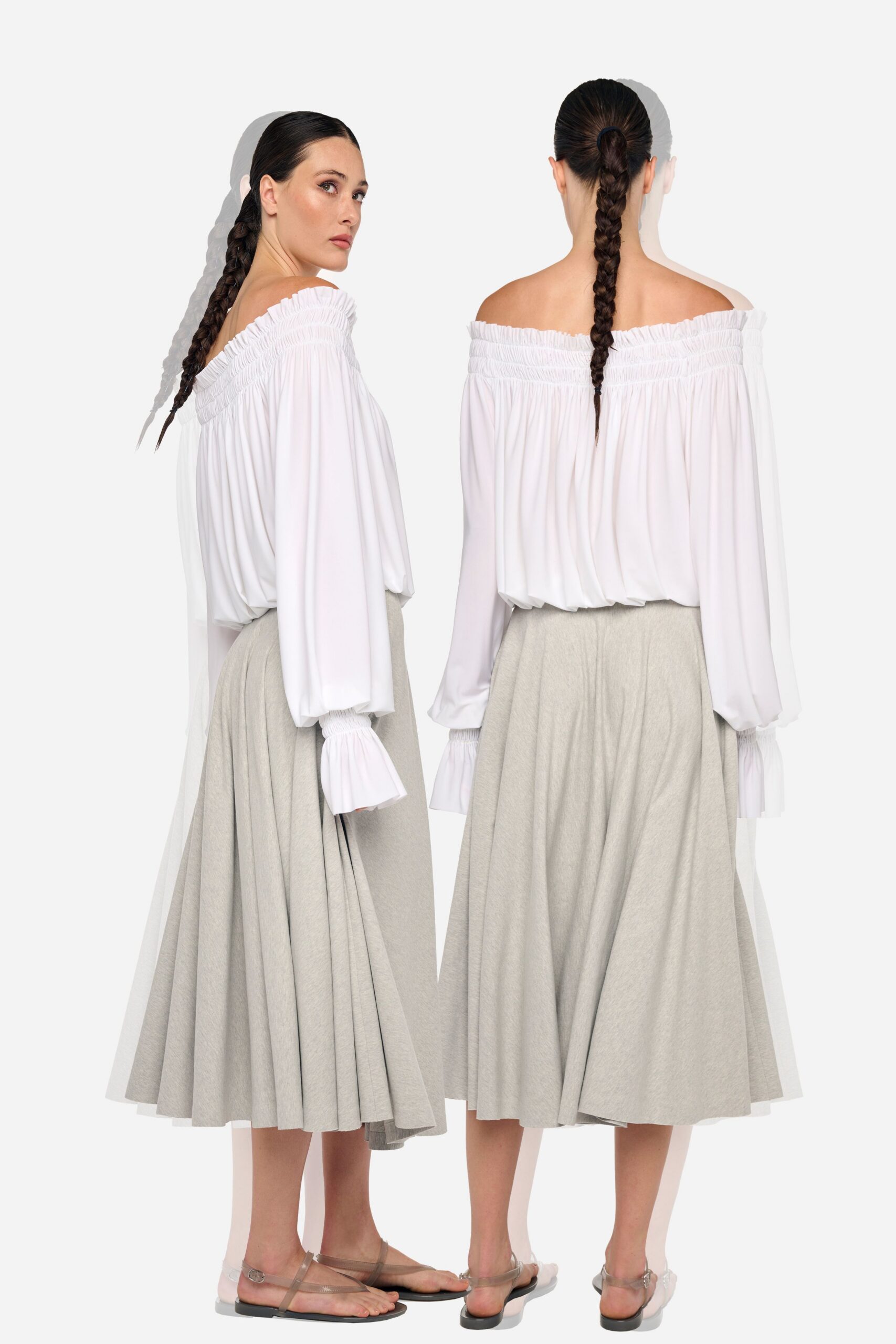 white off-shoulder blouse gray pleated skirt