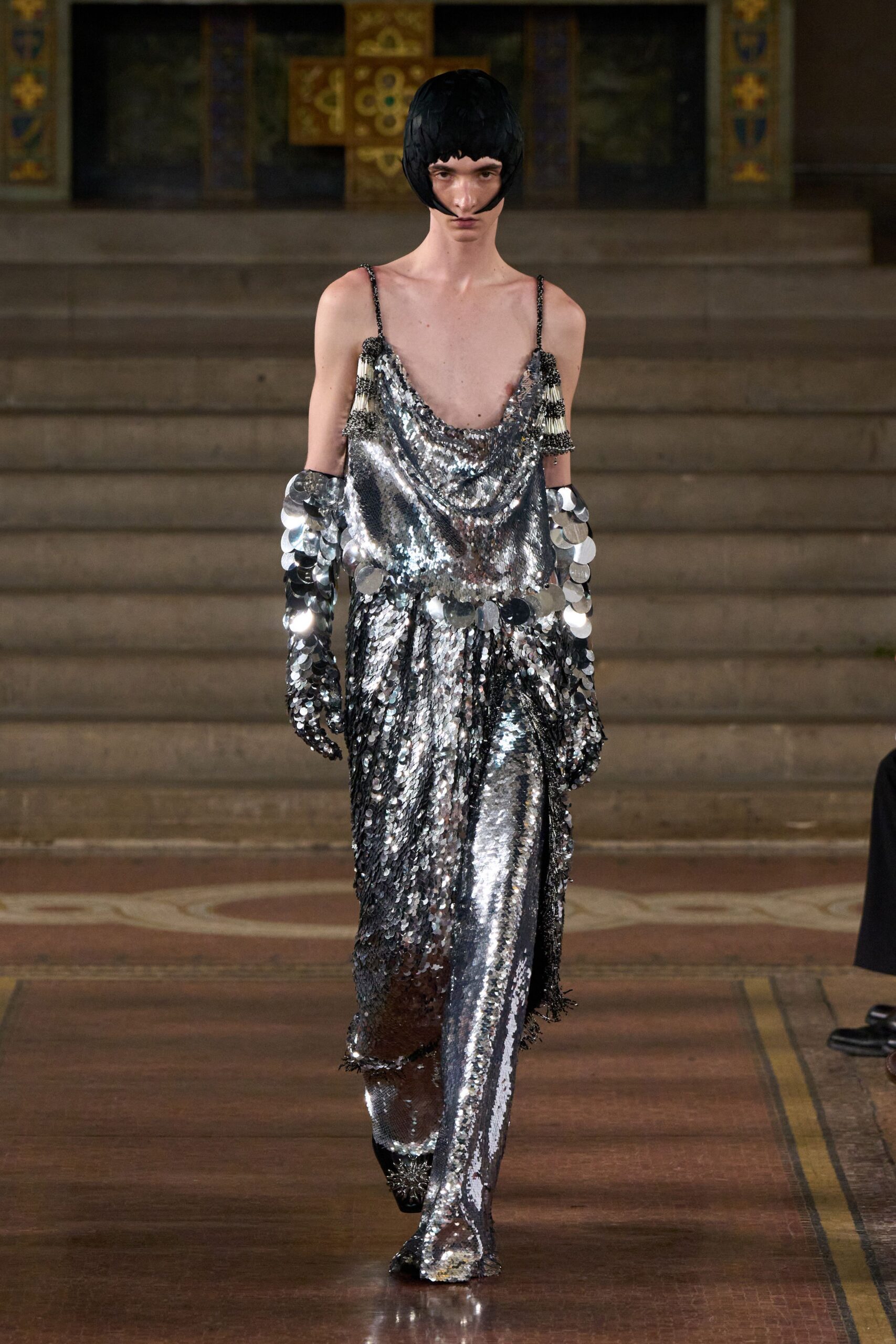 gray sequin sleeveless low-cut fitted draped shiny dress