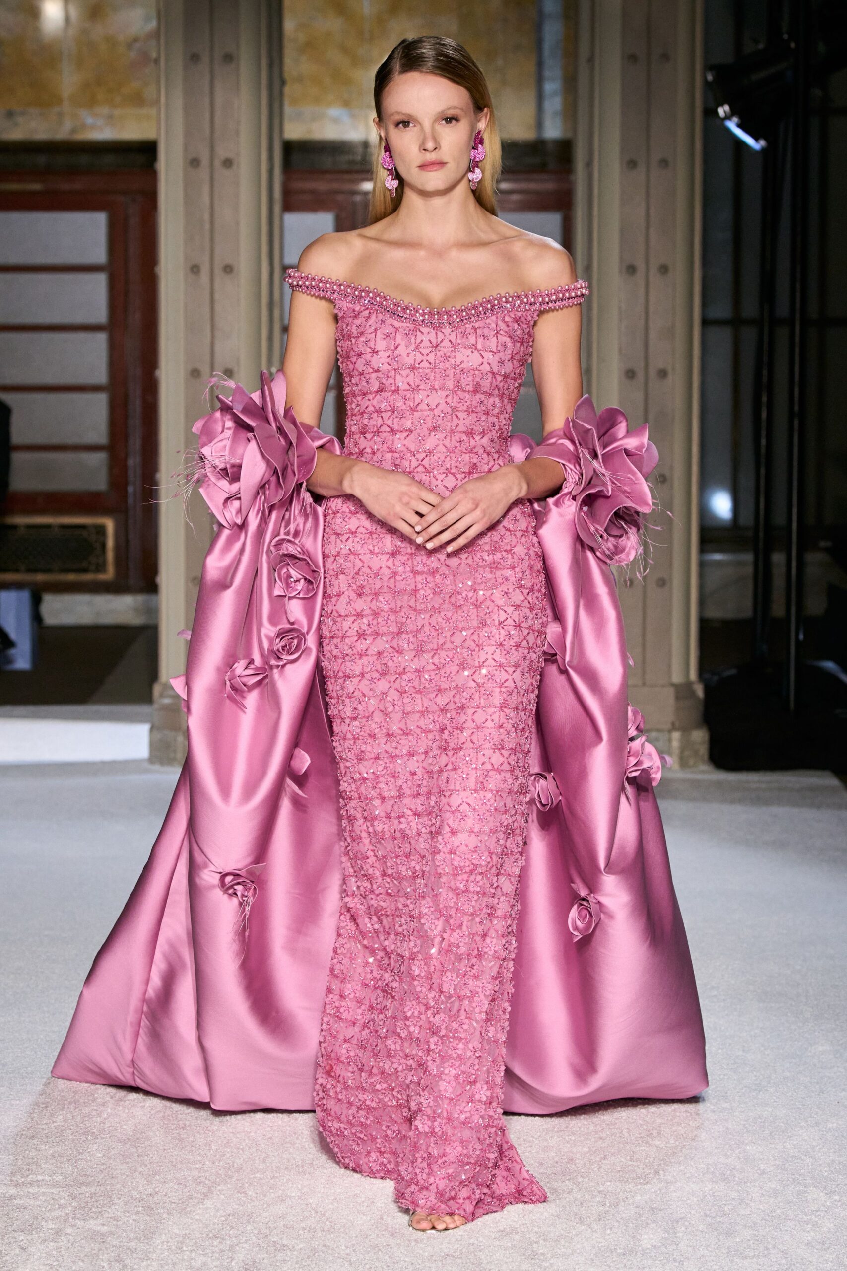pink embroidered off-shoulder gown