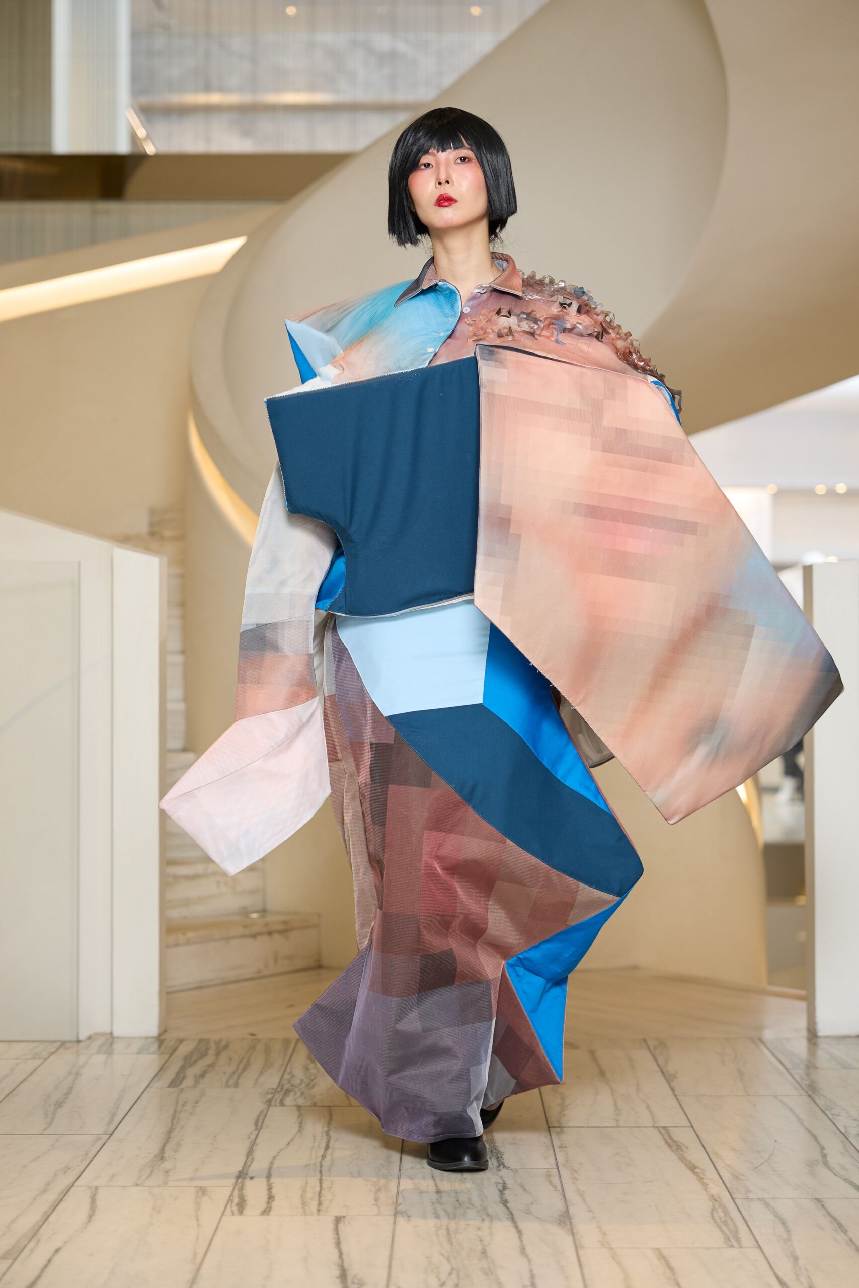 blue silk long-sleeve asymmetric relaxed layered flowing dress