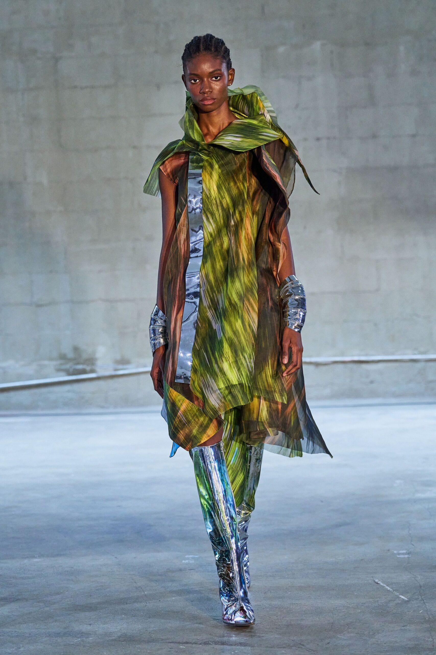 green silk sleeveless high-neck relaxed layered draped dress
