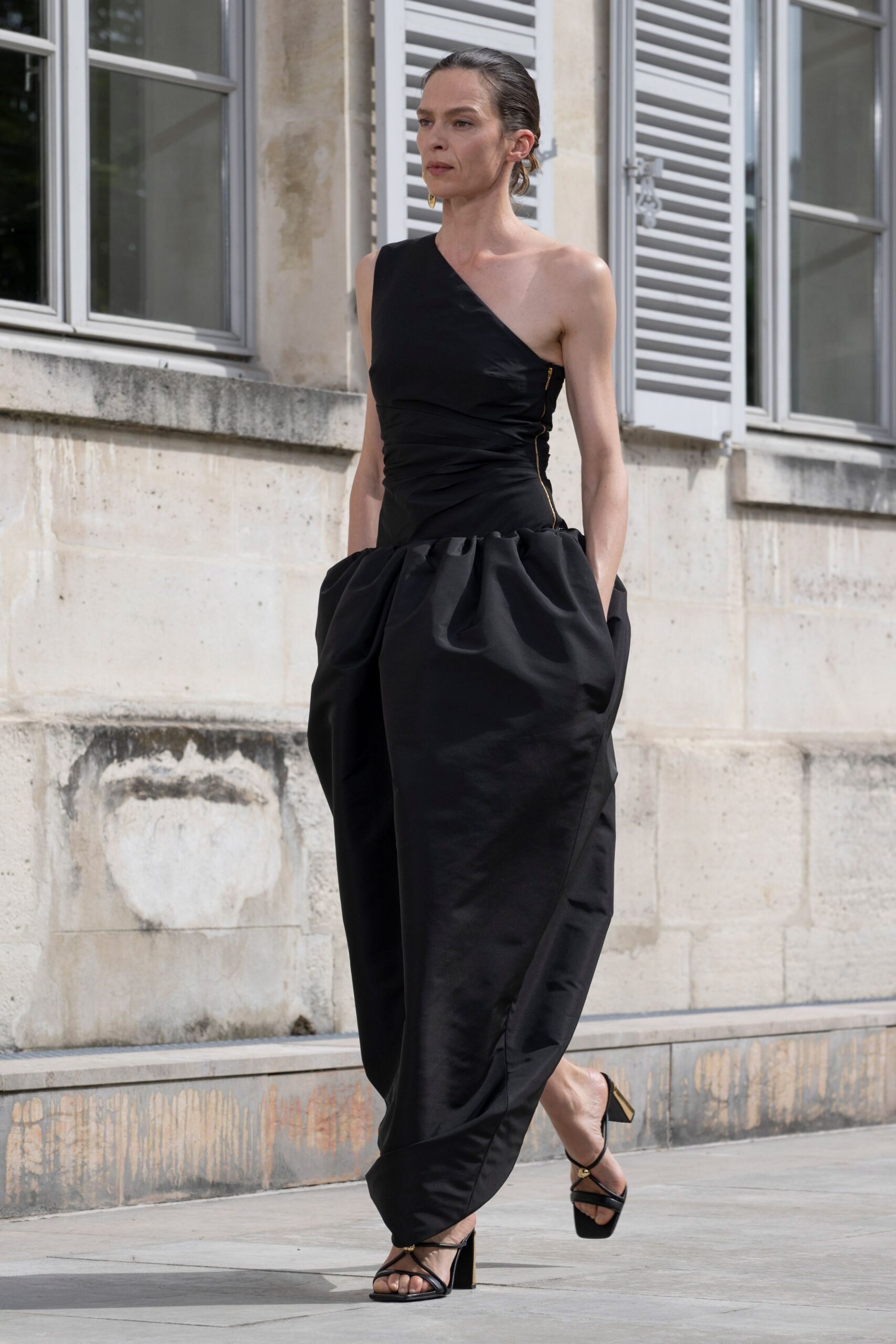 black silk sleeveless asymmetric fitted pleated maxi gown