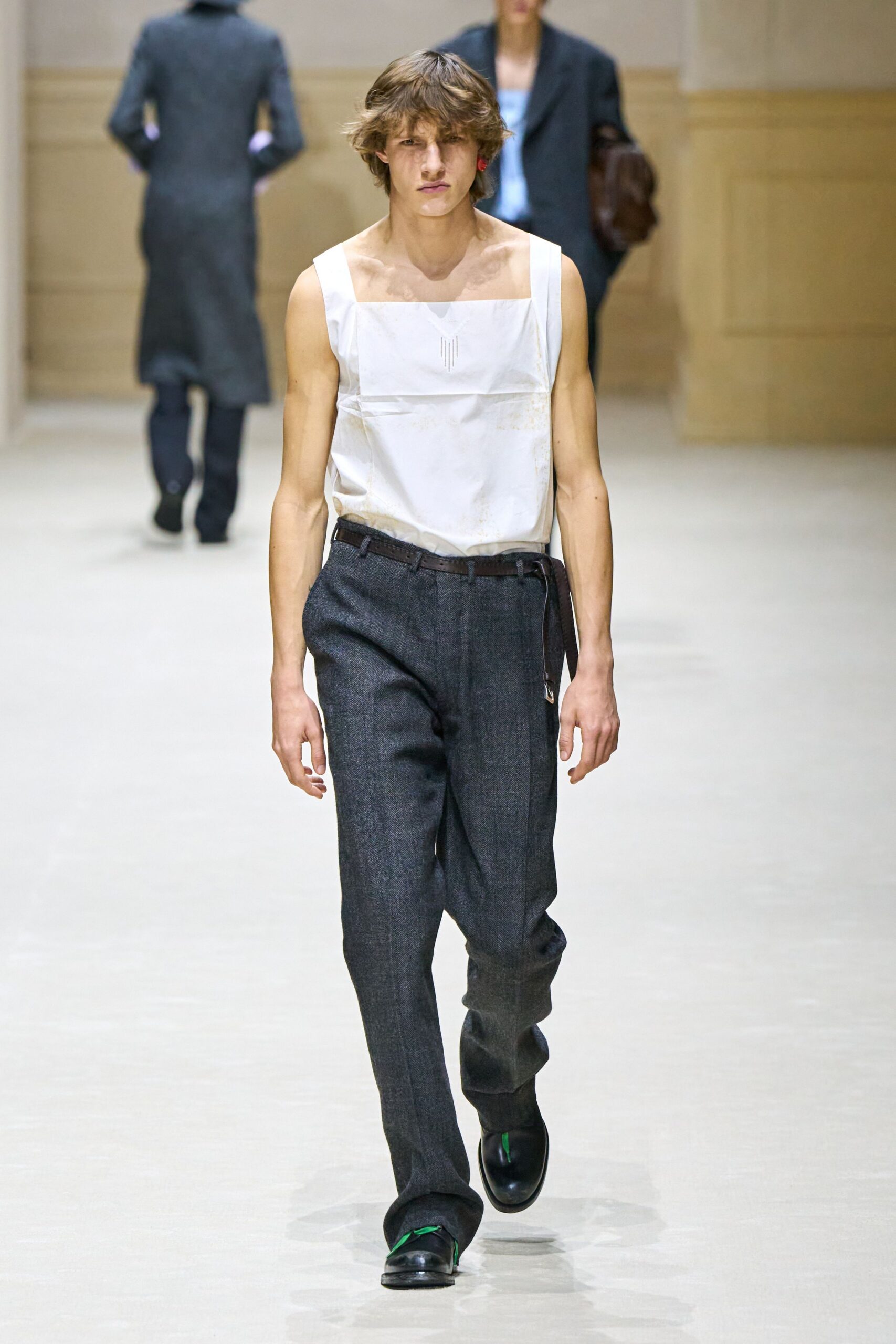 gray wool tailored high-waisted pleated pants