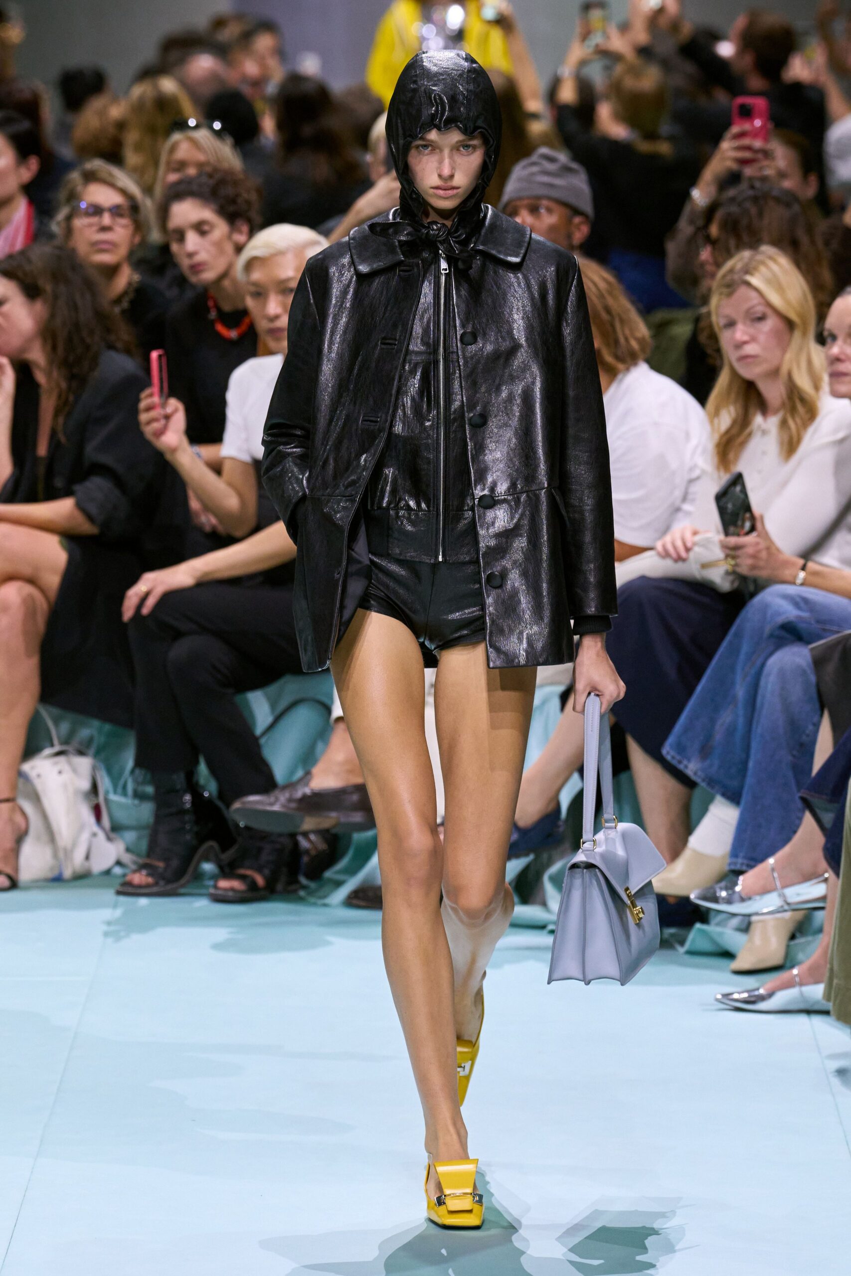 black leather jacket and shorts
