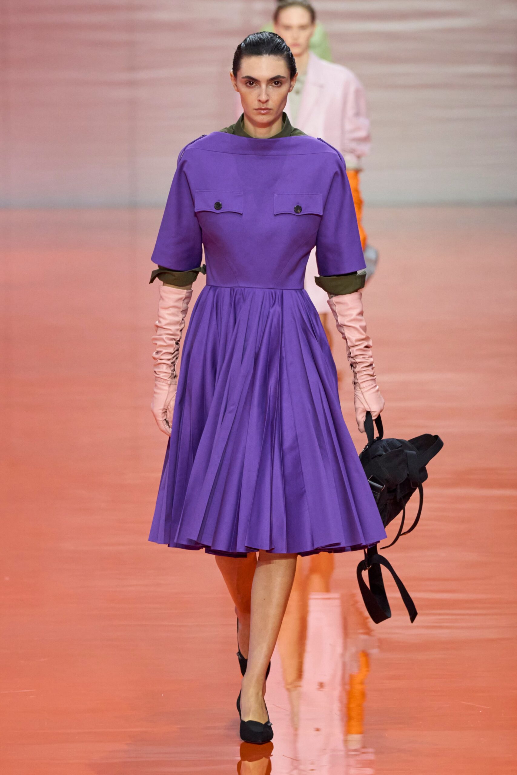purple pleated midi dress