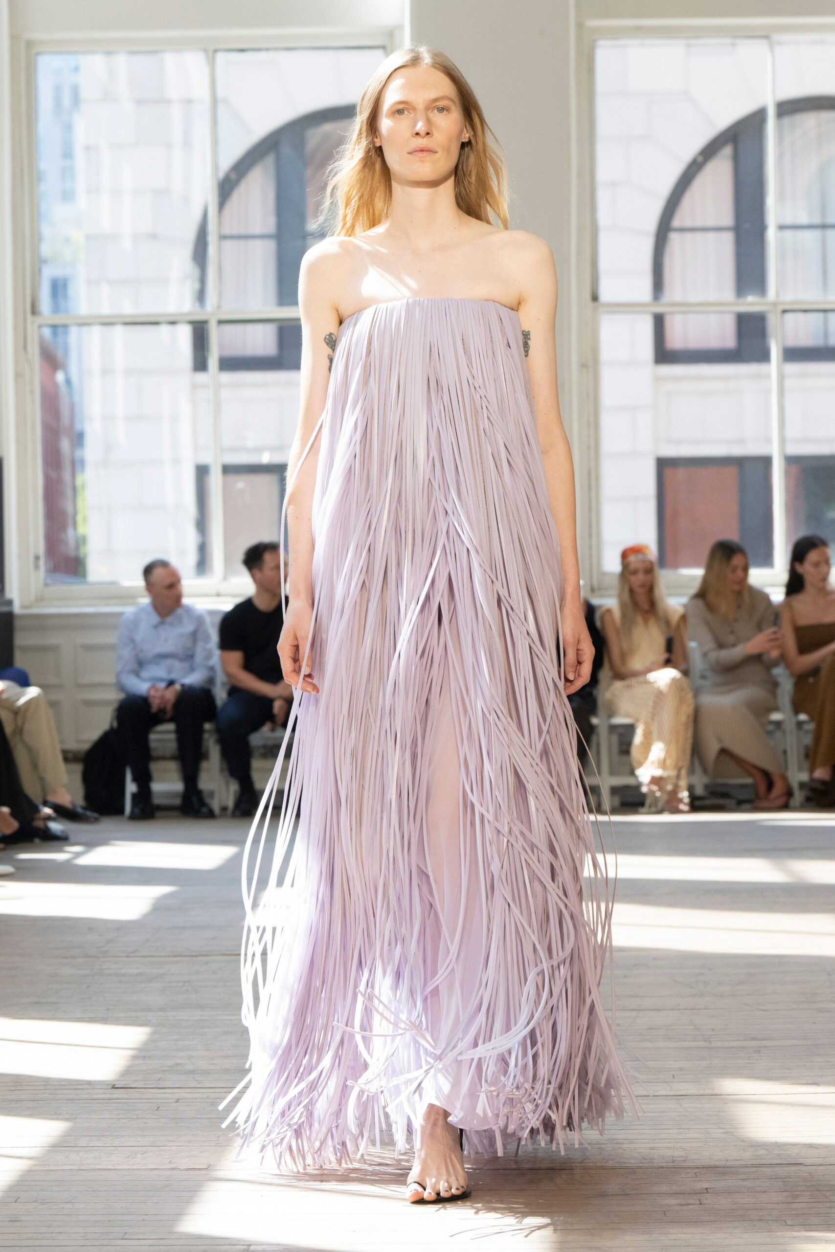 lavender silk strapless gown