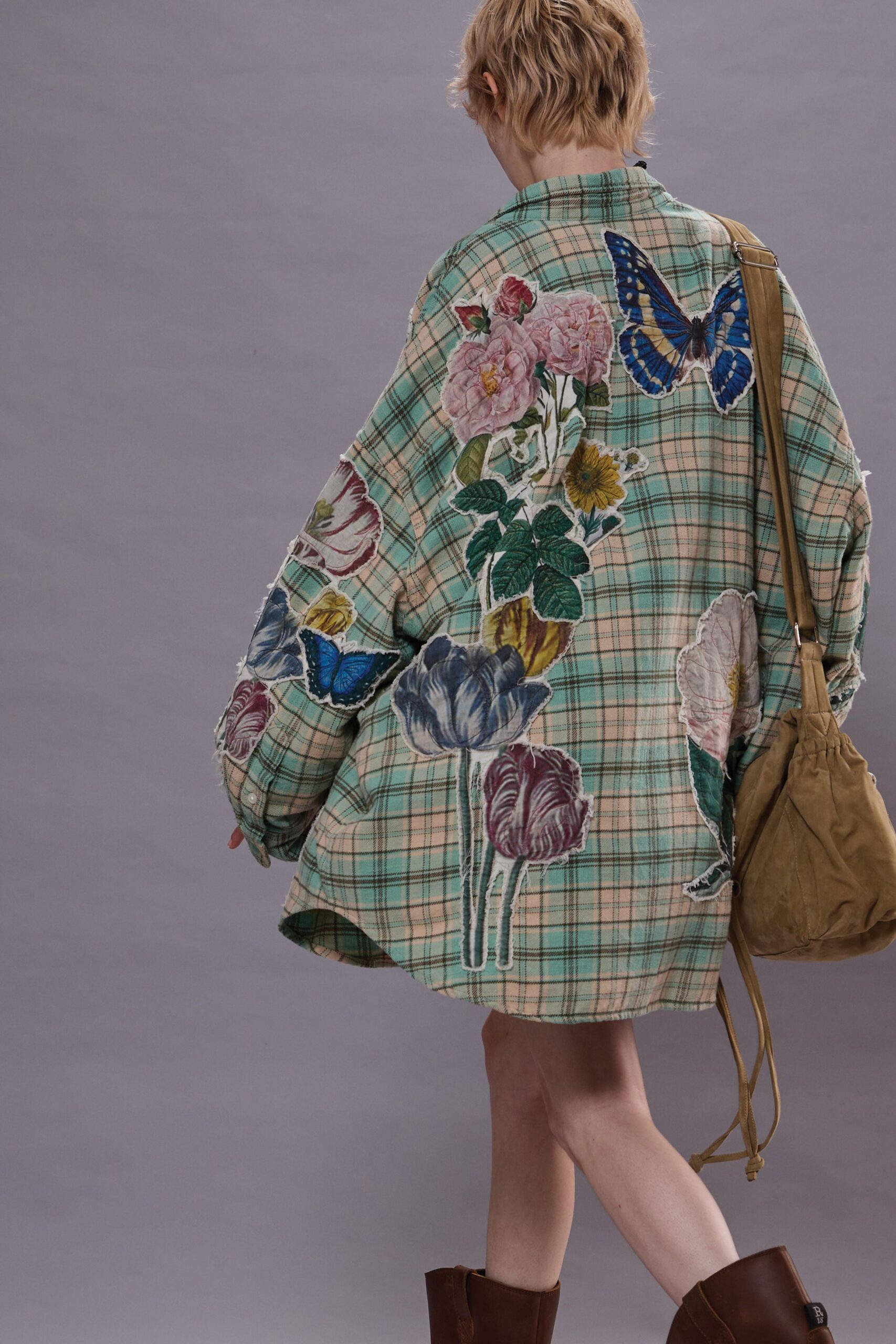 green cotton long-sleeve collared oversized checked embroidered jacket