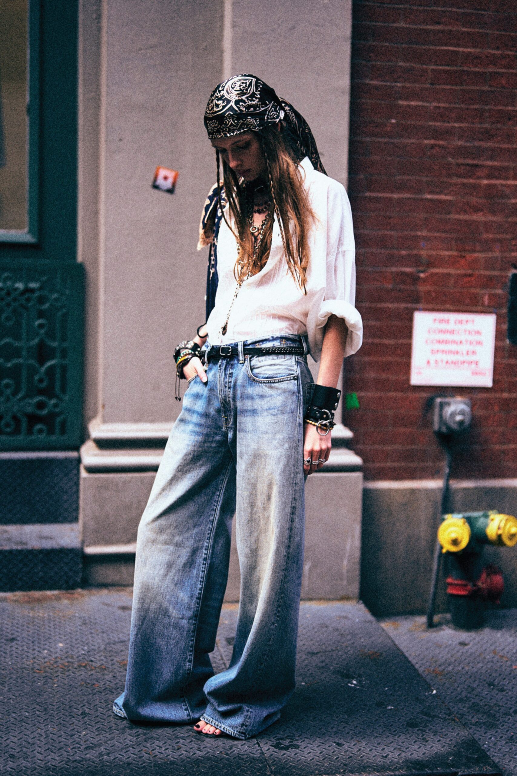 white shirt and blue wide-leg pants