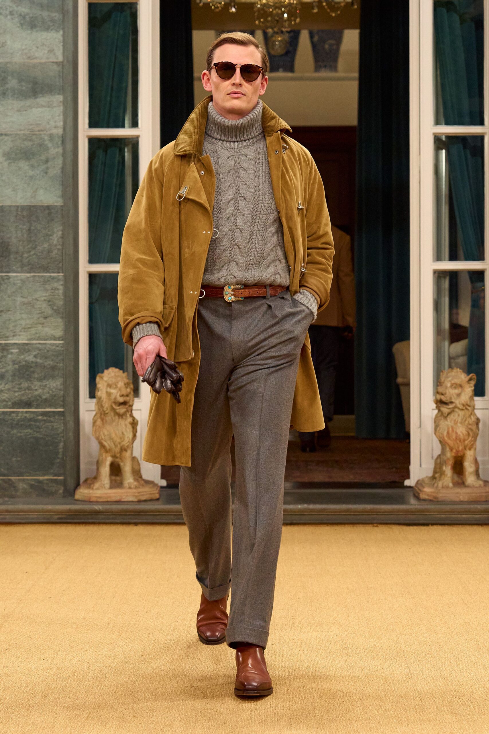 brown suede coat with gray sweater