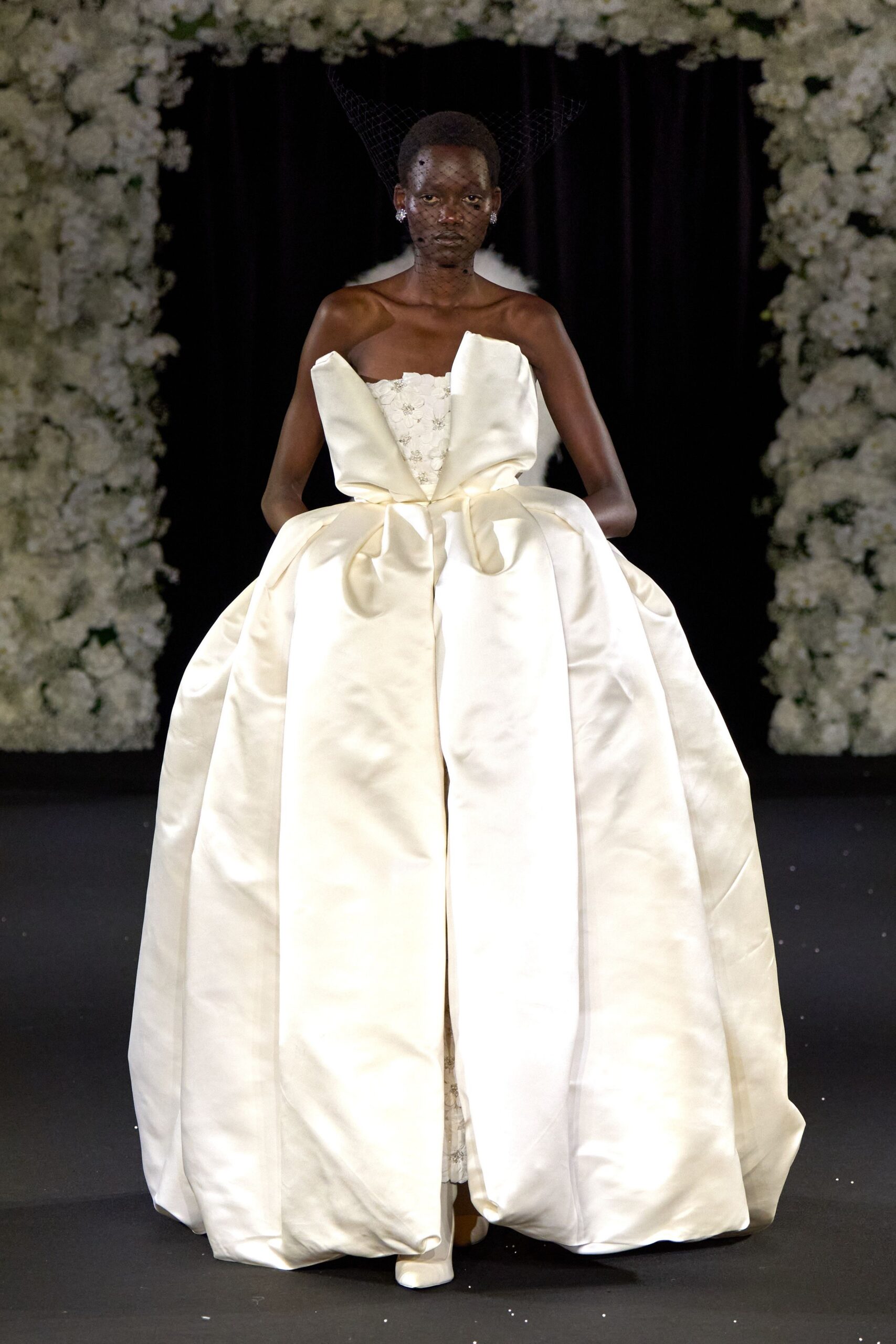 white silk strapless gown